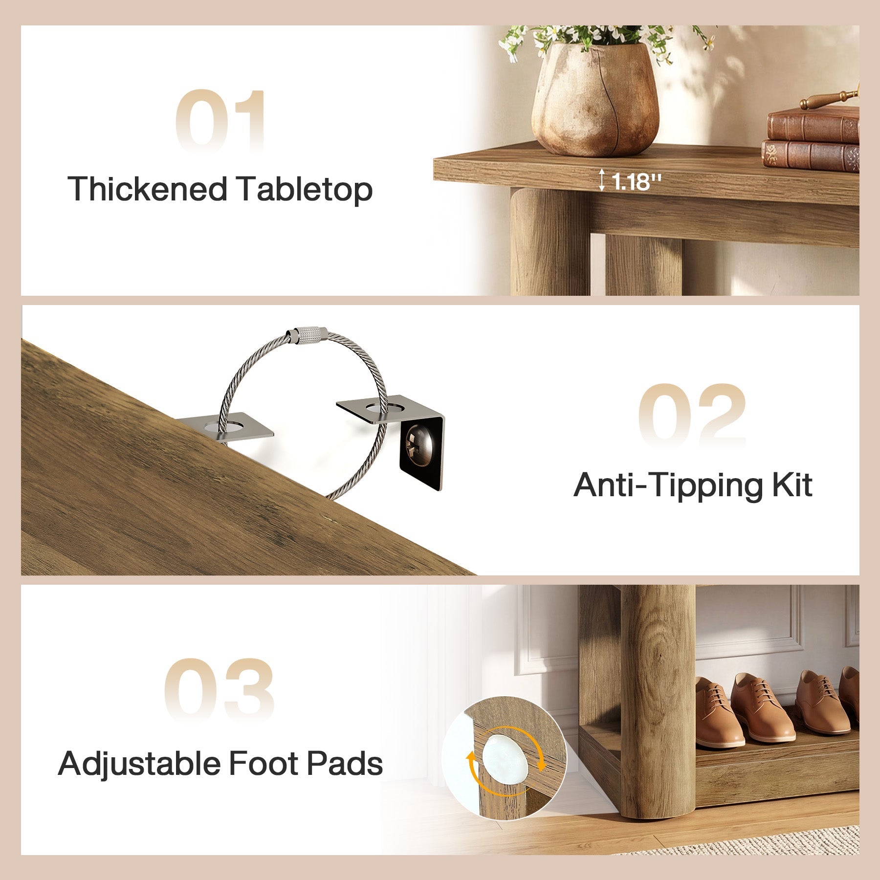Tribesigns 105 cm consoletafel, smalle haltafel met 3 planken en dik frame
