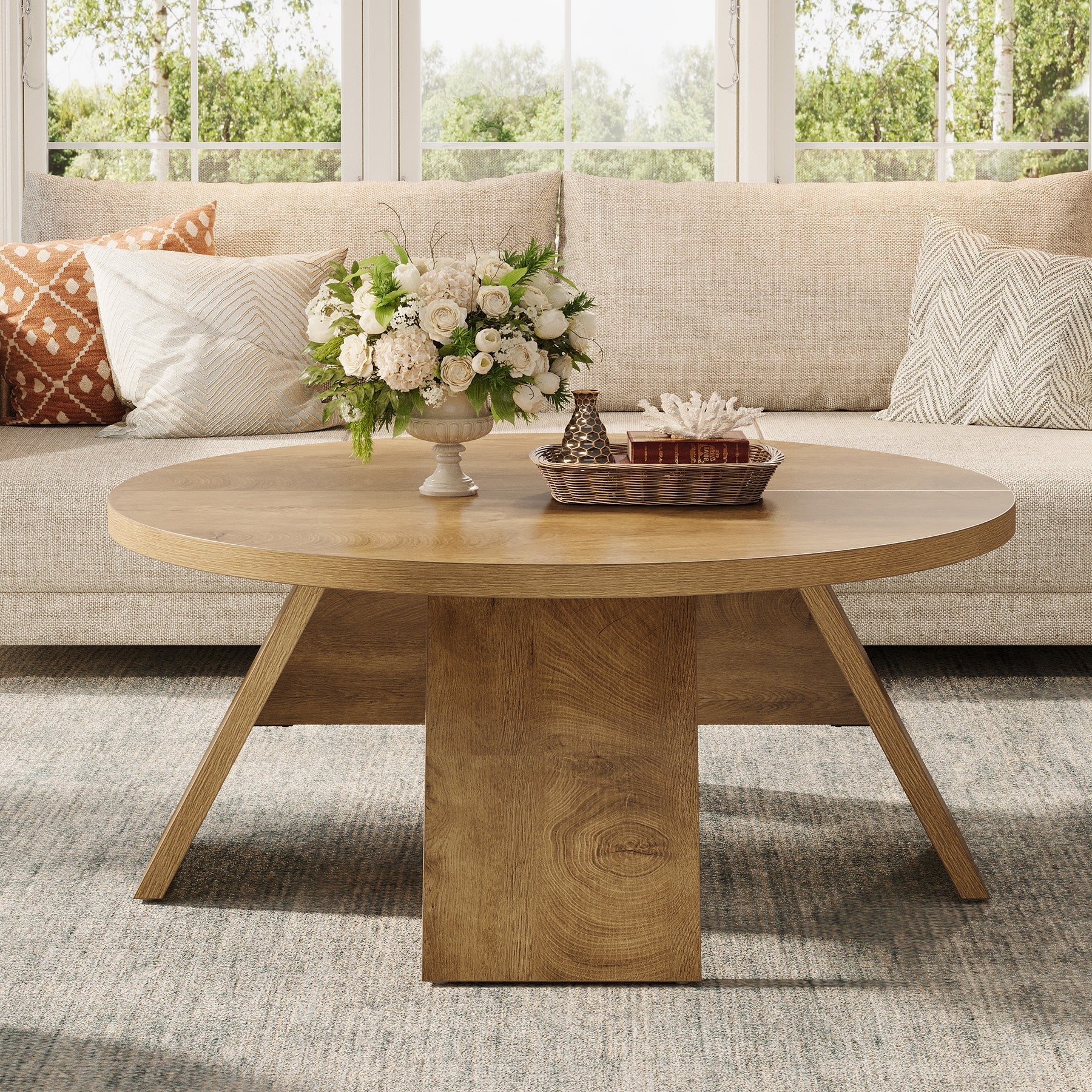Tribesigns Mesa de centro redonda de madera de 100 cm con patas acampanadas, Moderna mesa auxiliar para sala de estar