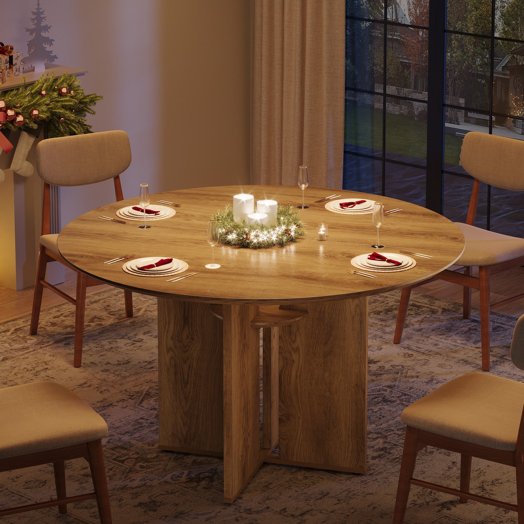 Tribesigns Mesa de comedor redonda de 100 cm, Mesa de cocina para 2-4 personas con estante y estructura en forma de X