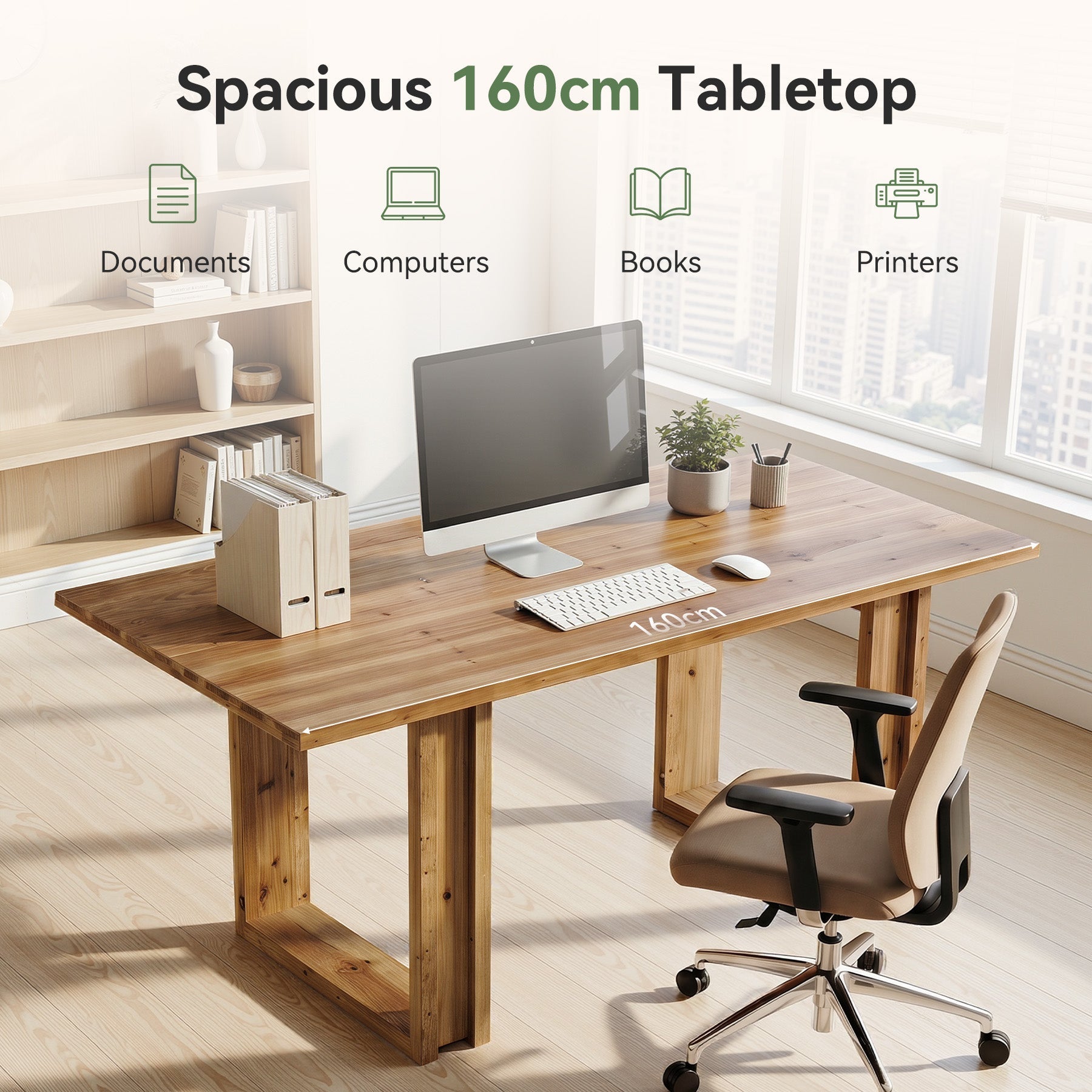 Escritorio de madera maciza de 160 cm, Mesa grande para oficina en casa fabricada en madera de abeto Escritorio ejecutivo de estilo rústico