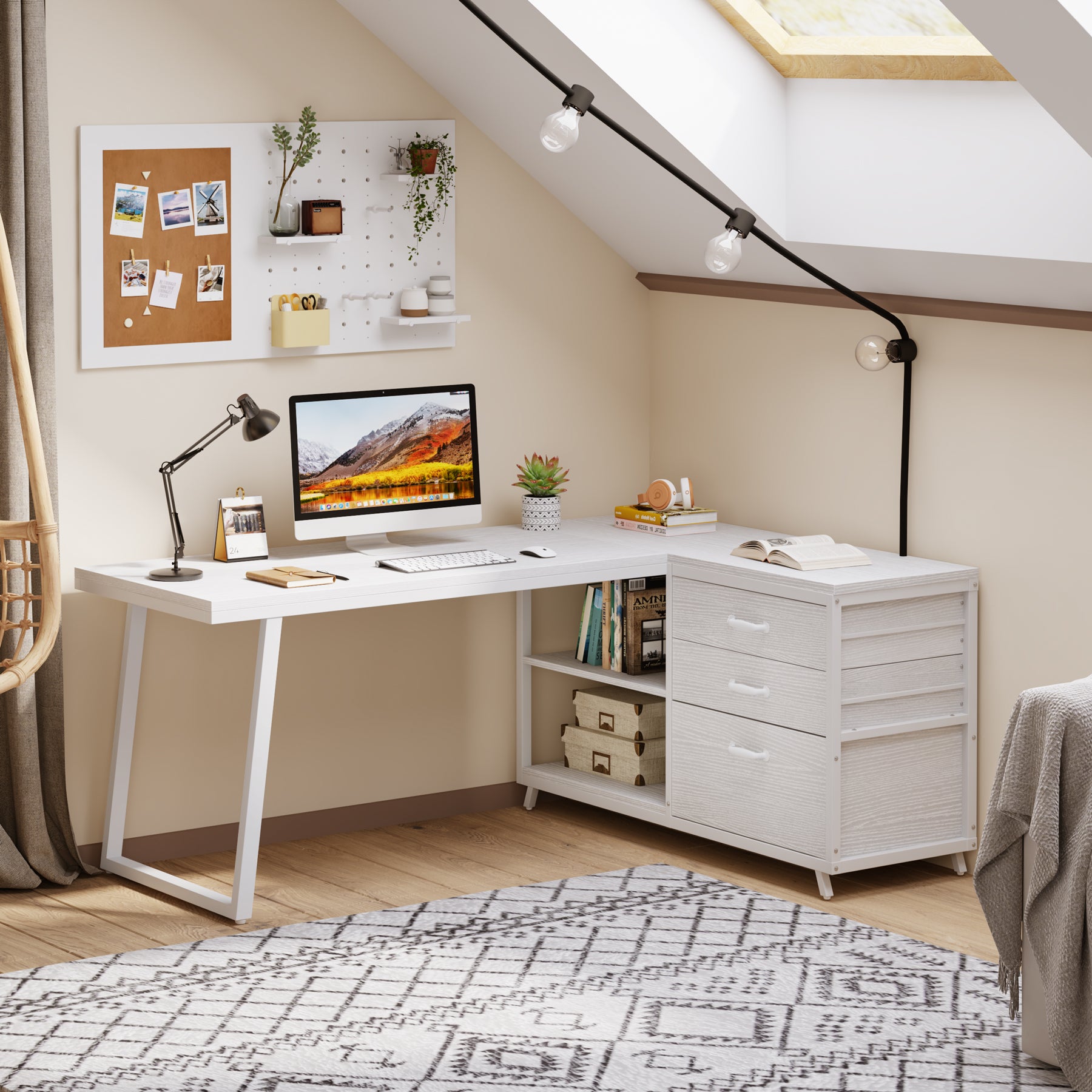 Tribesigns Escritorio para computadora reversible en forma de L con 3 cajones y estantes