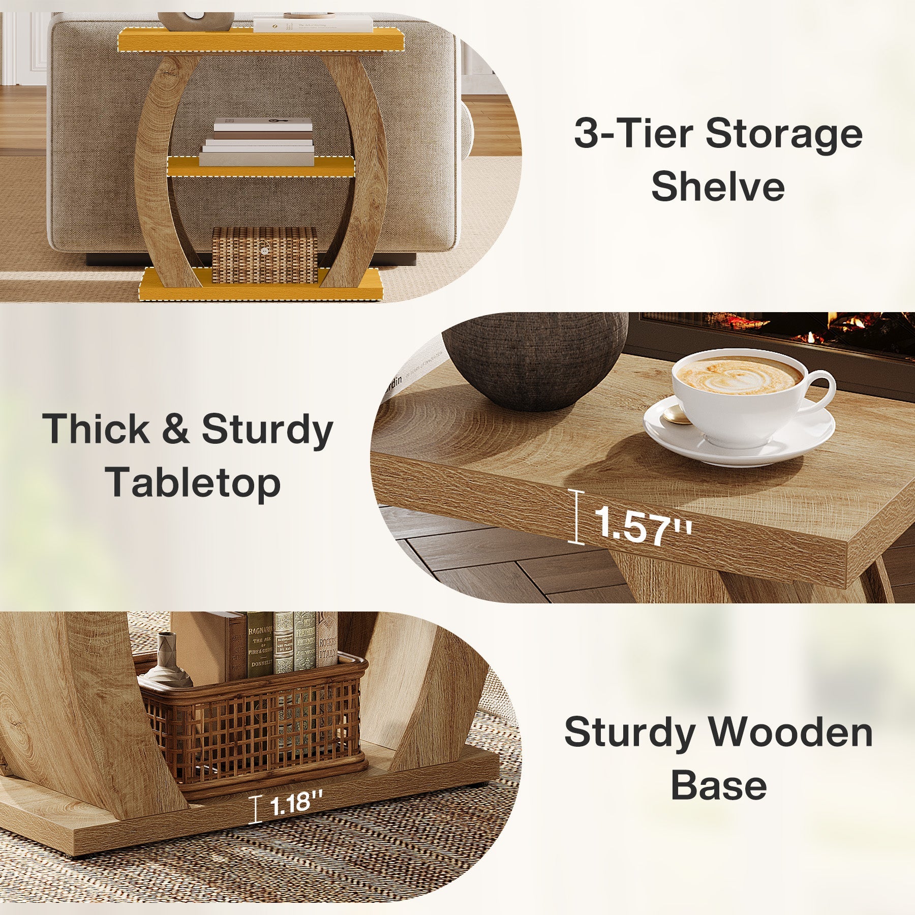 Tribesigns Mesita auxiliar estrecha de 65 cm con 3 niveles de almacenamiento, Mesita de noche rústica con estructura curva