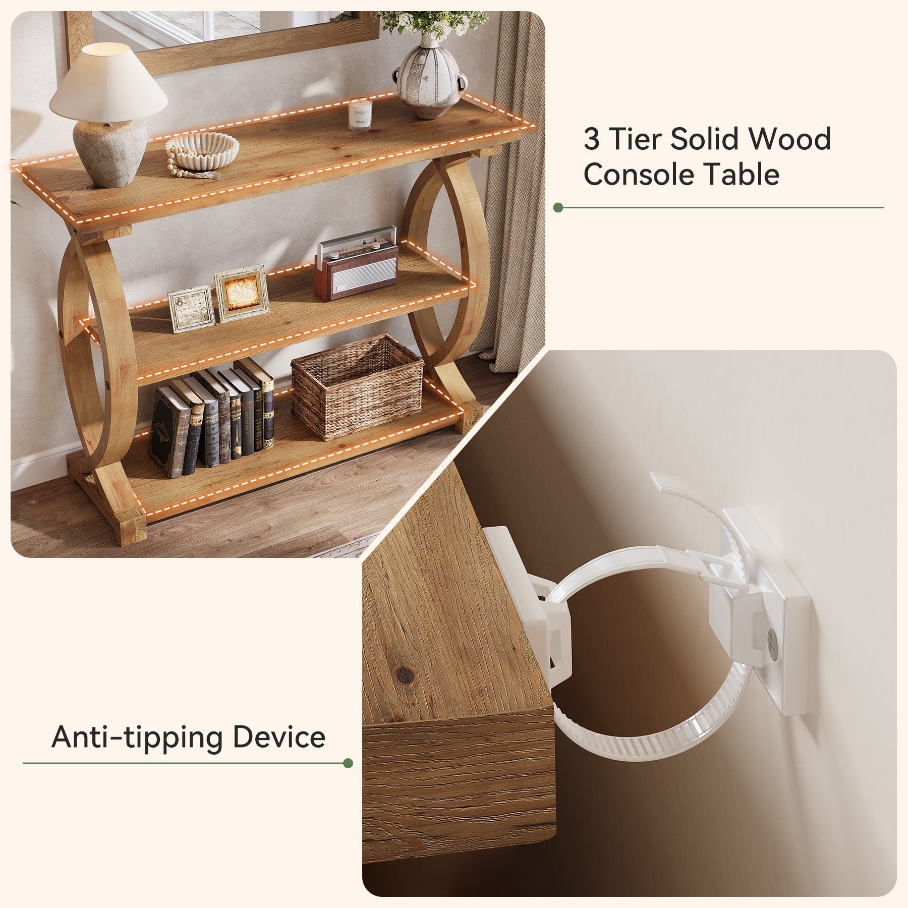 Tribesigns Consola de madera maciza de 105 cm, Mesa de sofá estrecha con 3 estantes y diseño lateral de cola de pez