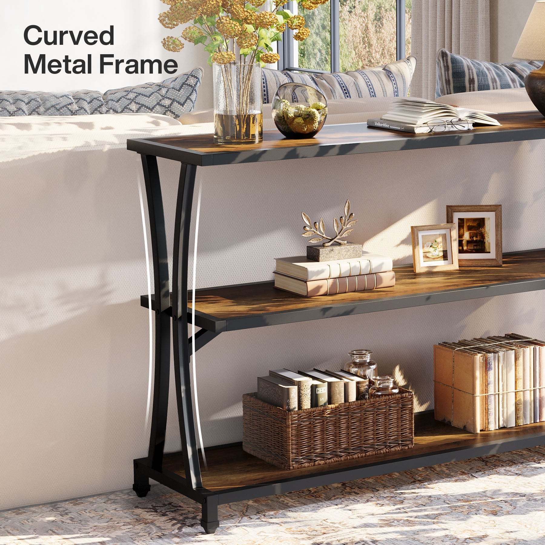 Tribesigns Consola estrecha de estilo industrial con 3 estantes, Mesa de recibidor y de sofá en imitación madera con estructura de metal resistente