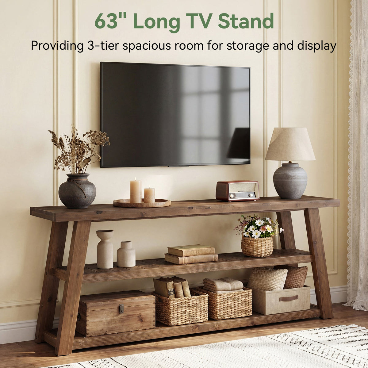 Tribesigns Mueble bajo para TV de madera maciza (160 cm) para televisores de hasta 70 pulgadas con 3 estantes abiertos