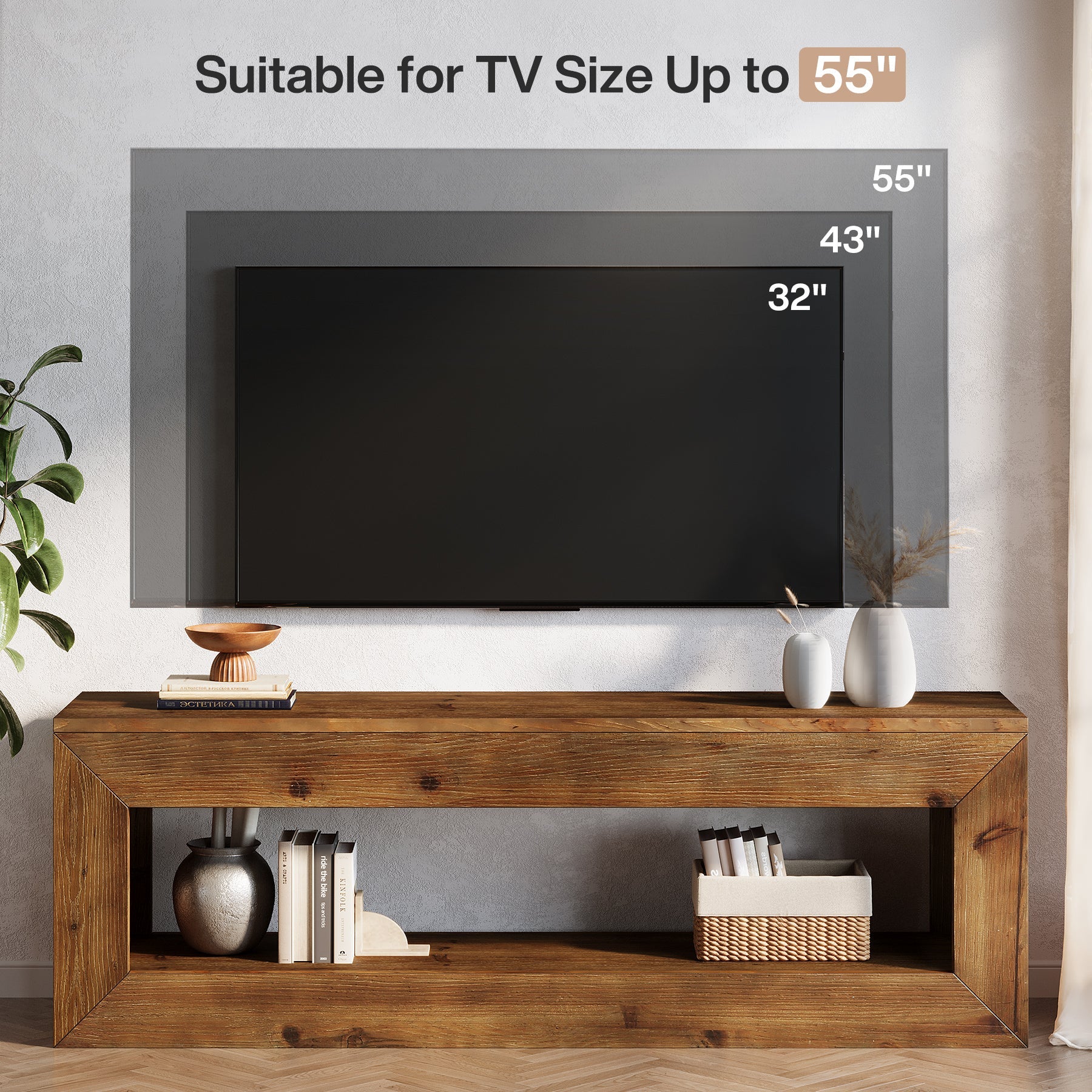 Tribesigns Mueble de TV de 120 cm de madera maciza con almacenamiento, Mueble bajo rústico para equipos multimedia