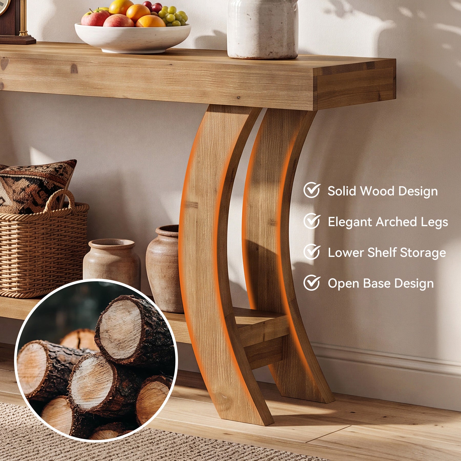 Tribesigns Mesa consola de madera maciza 160 cm, Mesa de recibidor con estante y marco arqueado curvo