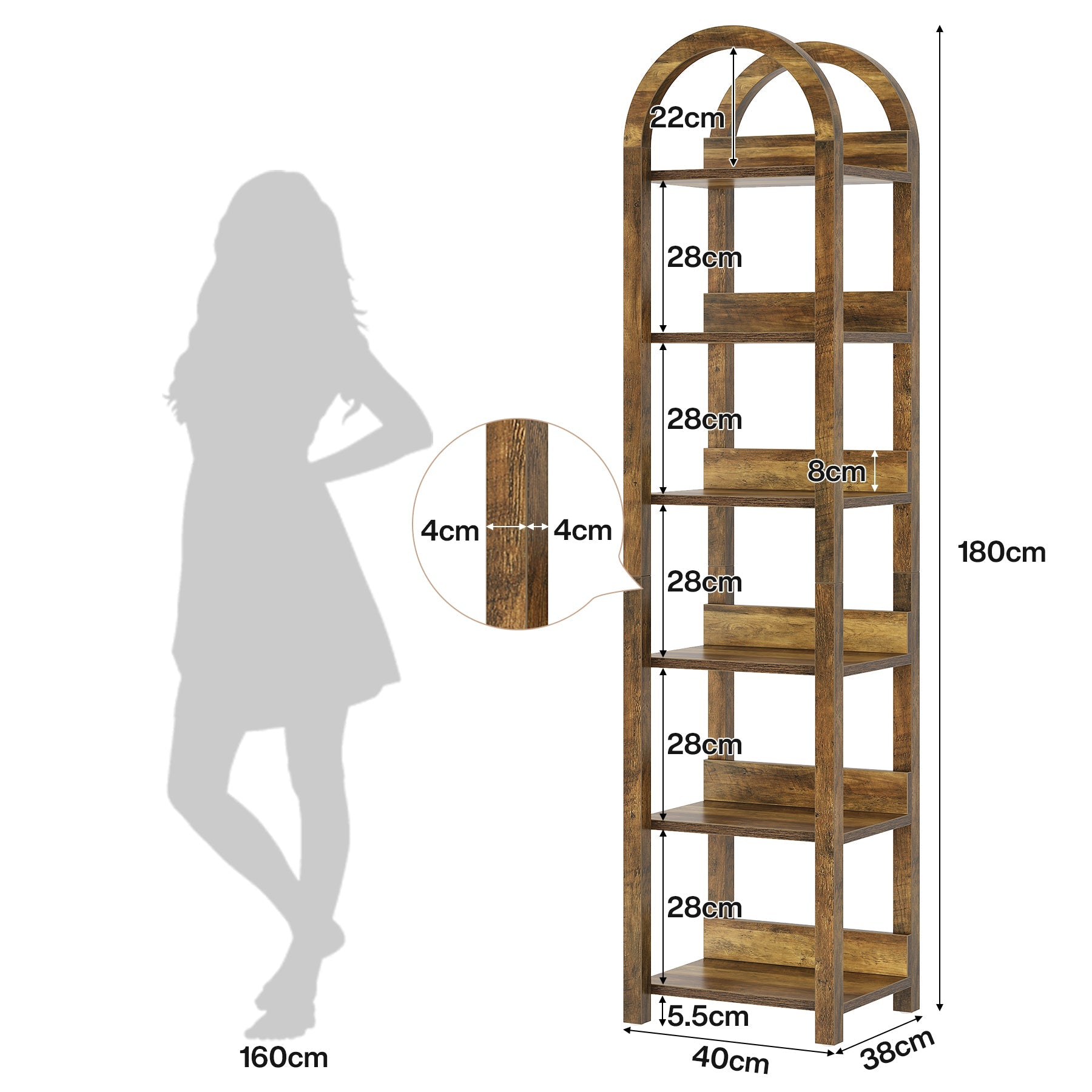 Tribesigns Estantería de 6 niveles, 180 cm de madera con librero arqueado y estante alto