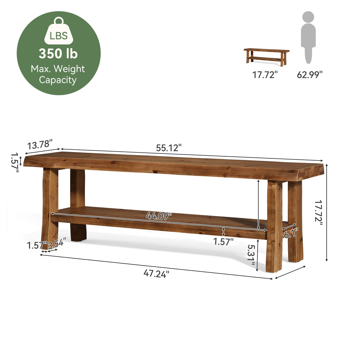 Tribesigns Banco zapatero de madera maciza de 140 cm con estante, Banco de estilo rústico para 2 o 3 personas
