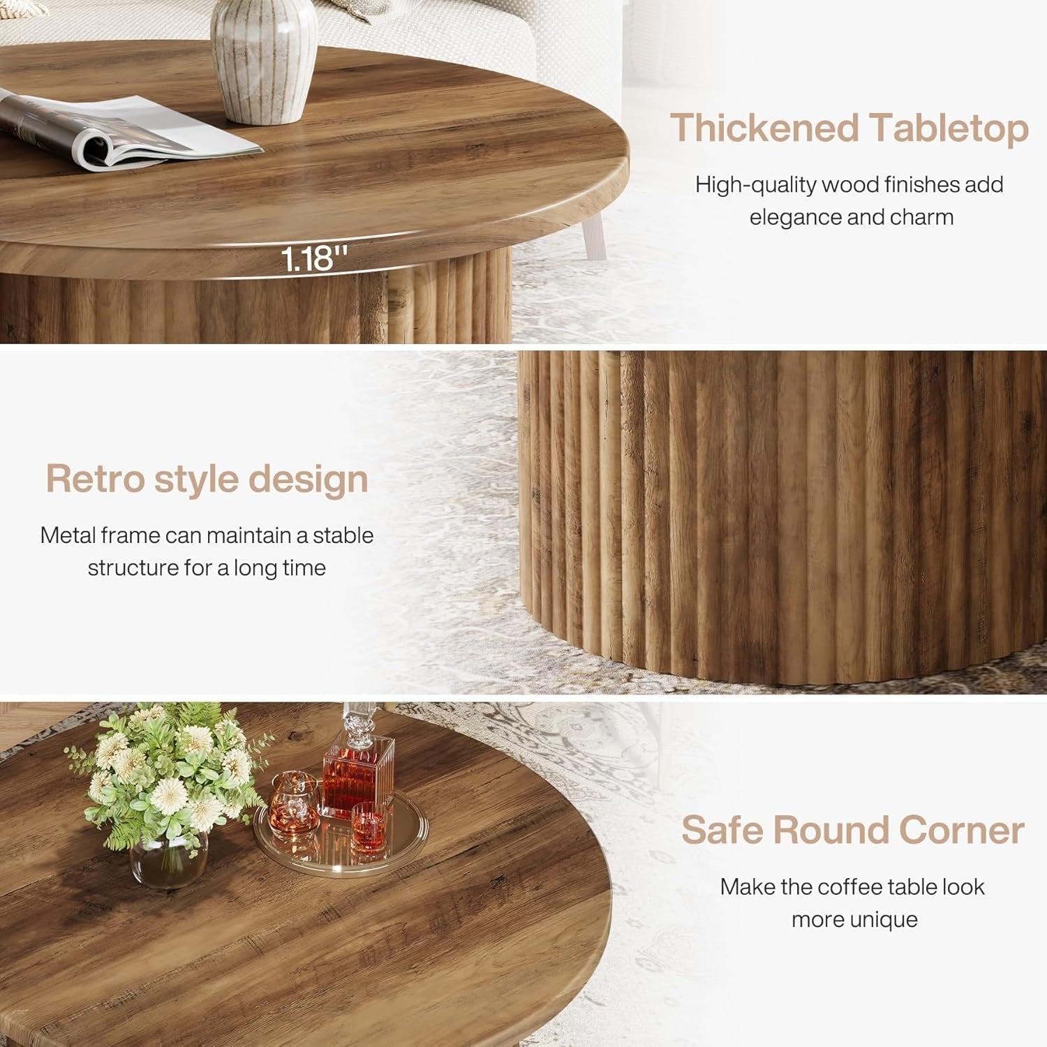 Tribesigns Mesa de centro redonda de 80 cm, Mesa auxiliar circular de estilo rústico con base metálica resistente