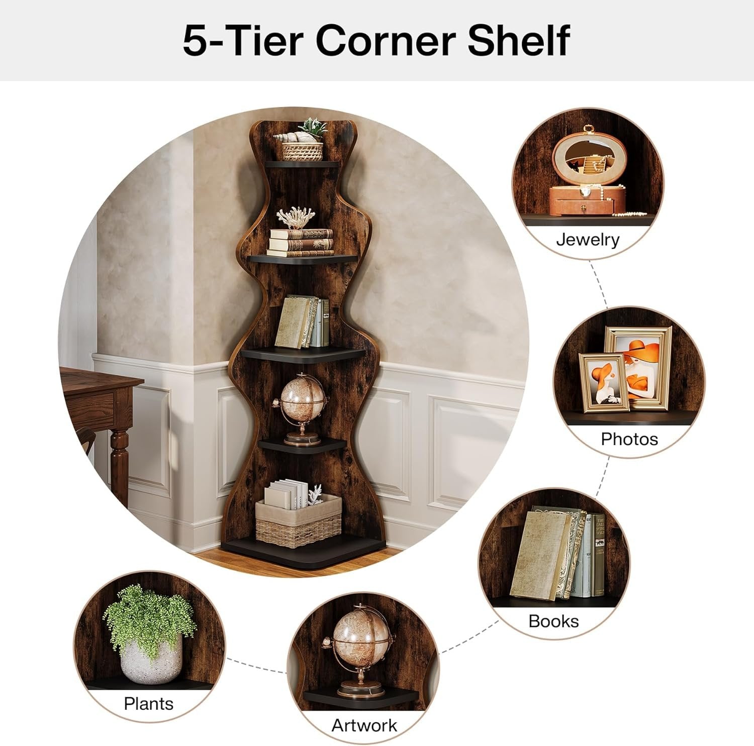 TribesignsEstantería esquinera de madera de 5 niveles, Cuadrada e independiente