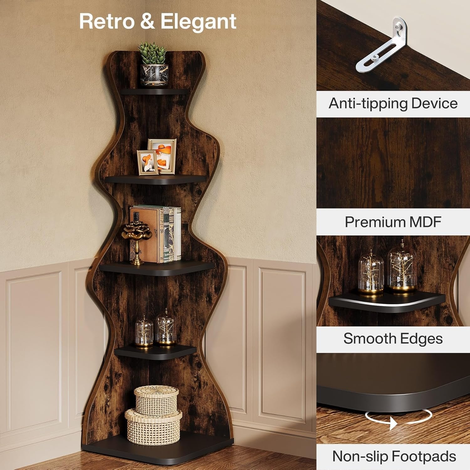 TribesignsEstantería esquinera de madera de 5 niveles, Cuadrada e independiente