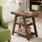 Tribesigns Mesa auxiliar estilo campestre, Mesa auxiliar de madera de tres niveles con patas trapezoidales Mesa auxiliar rústica para sofás y sillones 3