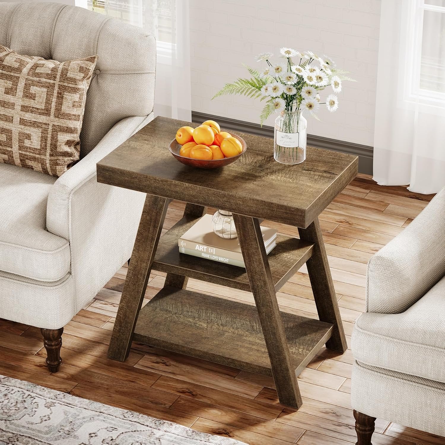 Tribesigns Mesa auxiliar estilo campestre, Mesa auxiliar de madera de tres niveles con patas trapezoidales Mesa auxiliar rústica para sofás y sillones