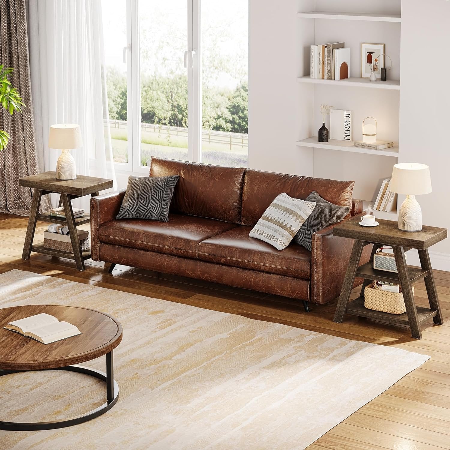 Tribesigns Mesa auxiliar estilo campestre, Mesa auxiliar de madera de tres niveles con patas trapezoidales Mesa auxiliar rústica para sofás y sillones