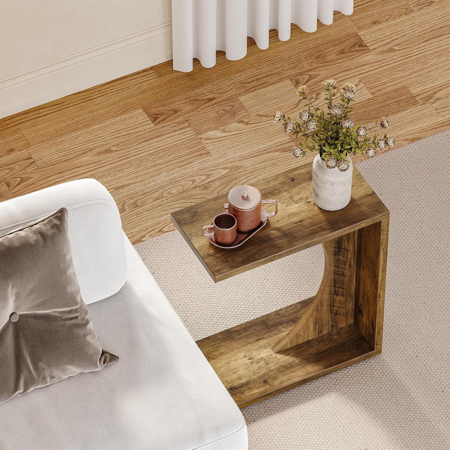 Tribesigns Mesa Auxiliar en Forma de C, Mesilla de Noche Rústica de Madera para Sofá
