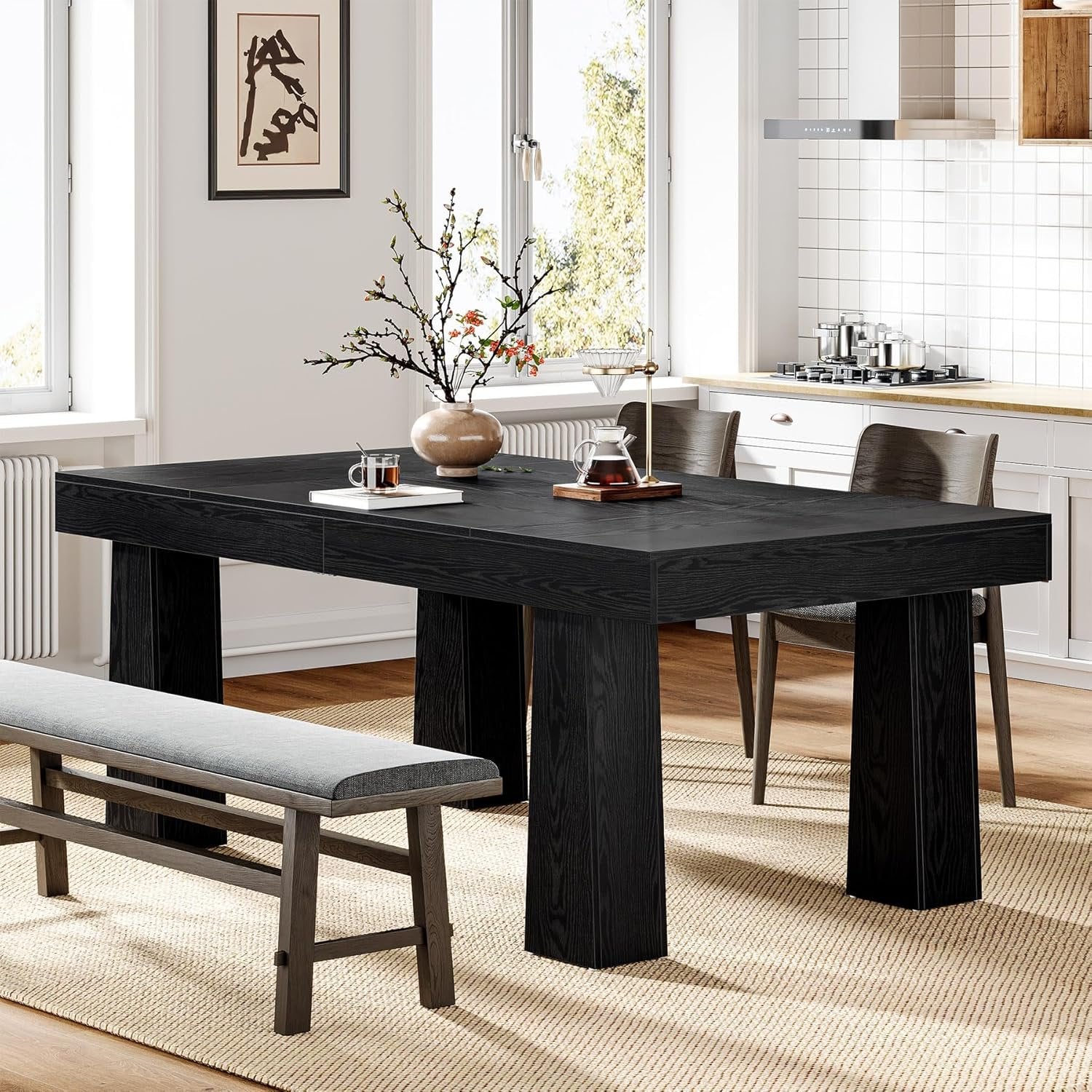 Tribesigns Mesa de comedor de 160 cm, Moderna mesa de cocina rectangular con patas cónicas reforzadas en color negro