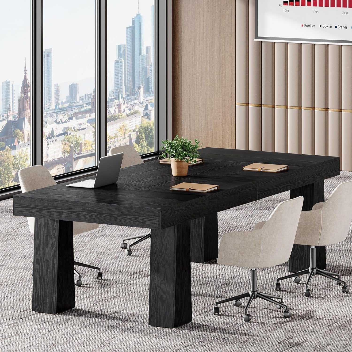 Tribesigns Mesa de conferencias de 160 cm, Mesa de reuniones de estilo industrial moderno con 4 patas cónicas en color negro