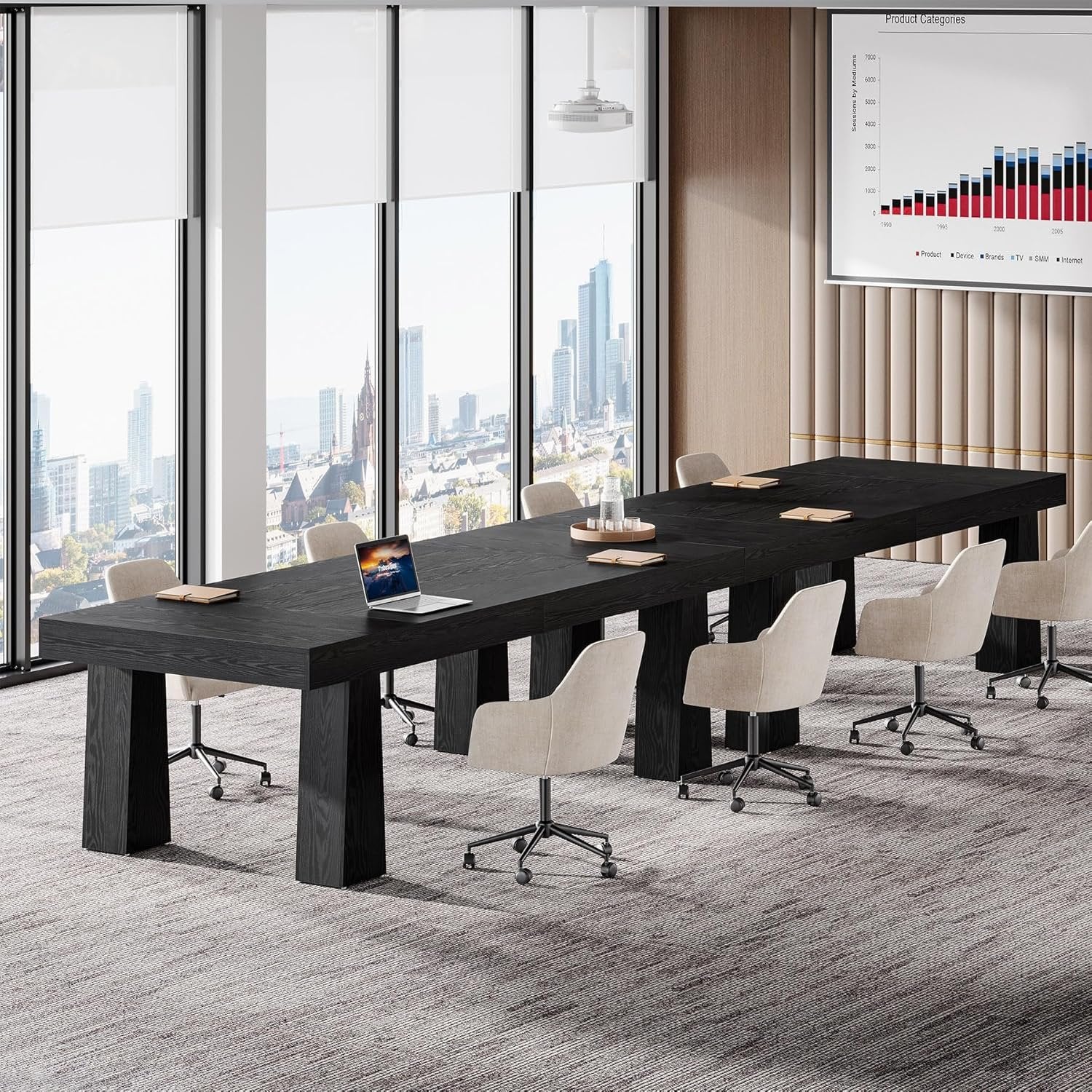 Tribesigns Mesa de conferencias de 160 cm, Mesa de reuniones de estilo industrial moderno con 4 patas cónicas en color negro