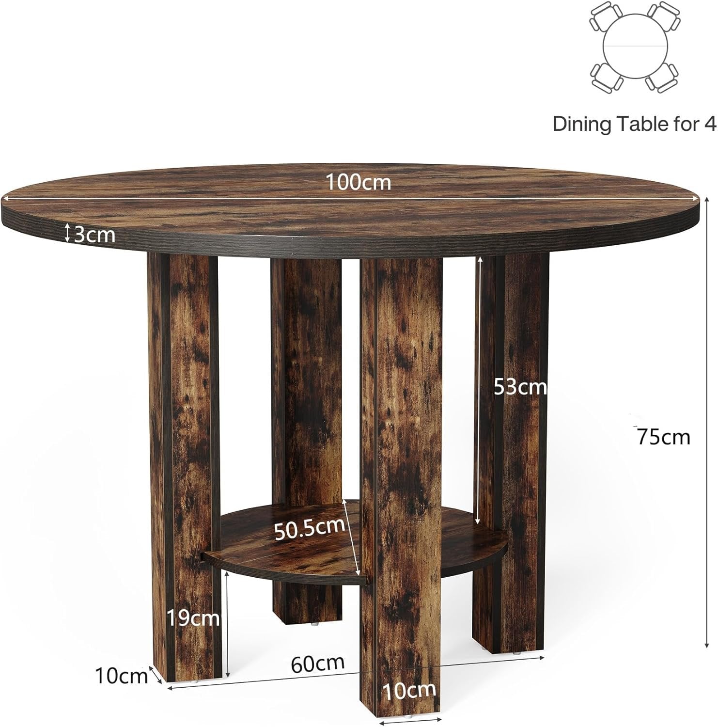 Tribesigns Mesa de comedor redonda para 4 personas, 100 x 75 cm, Mesa de cocina de madera