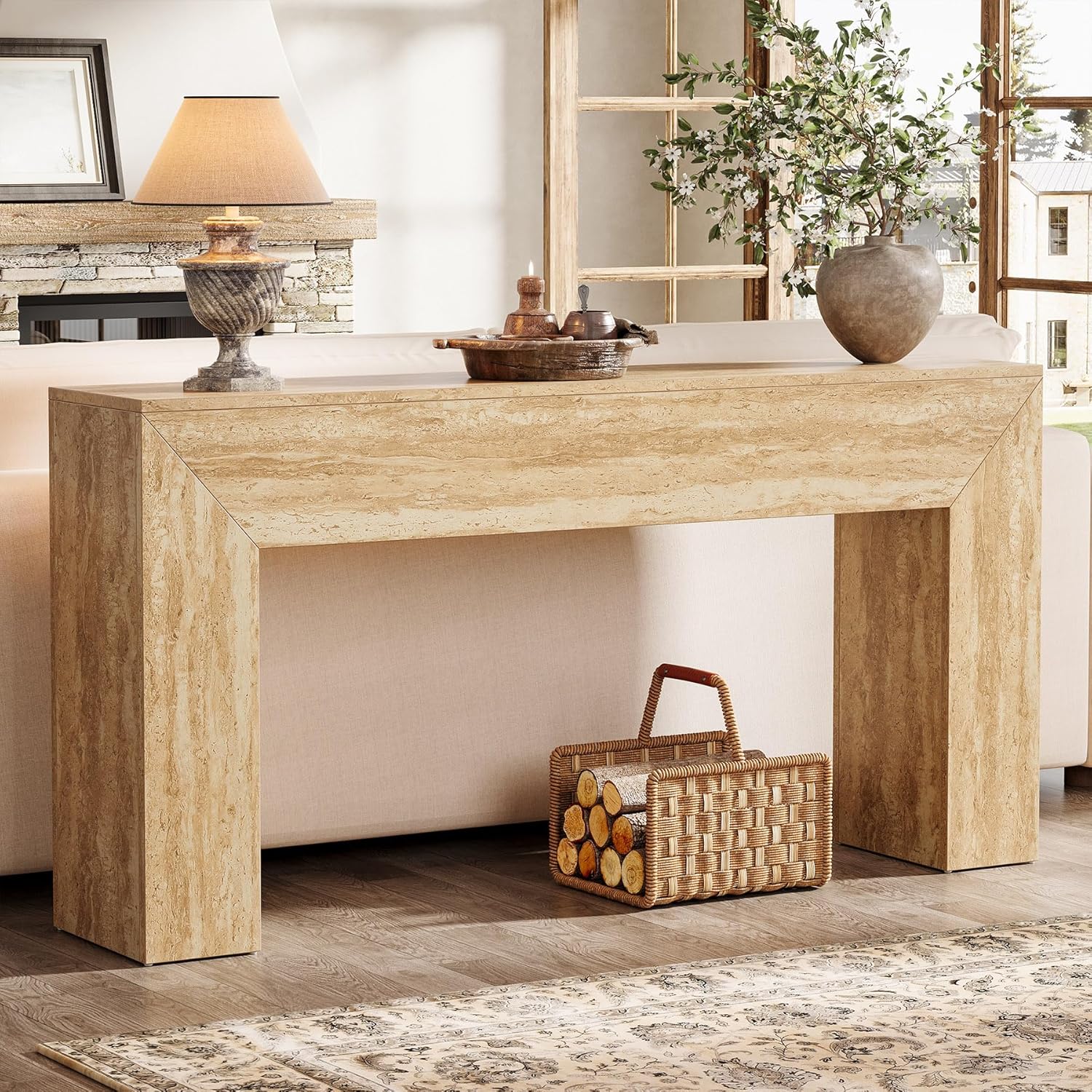 Tribesigns Mesa de centro de 160 cm con aspecto de travertino, Consola esbelta para recibidor y salón con estructura estable