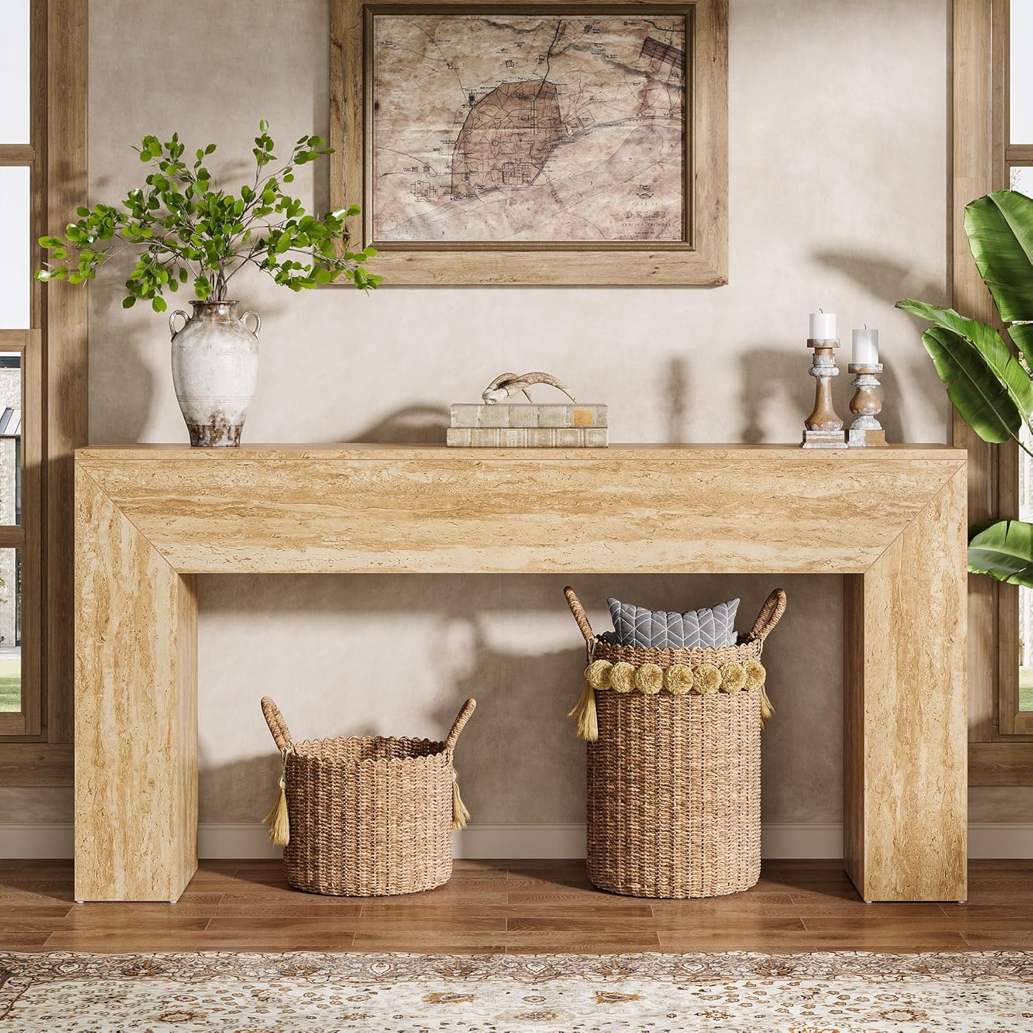 Tribesigns Mesa de centro de 160 cm con aspecto de travertino, Consola esbelta para recibidor y salón con estructura estable