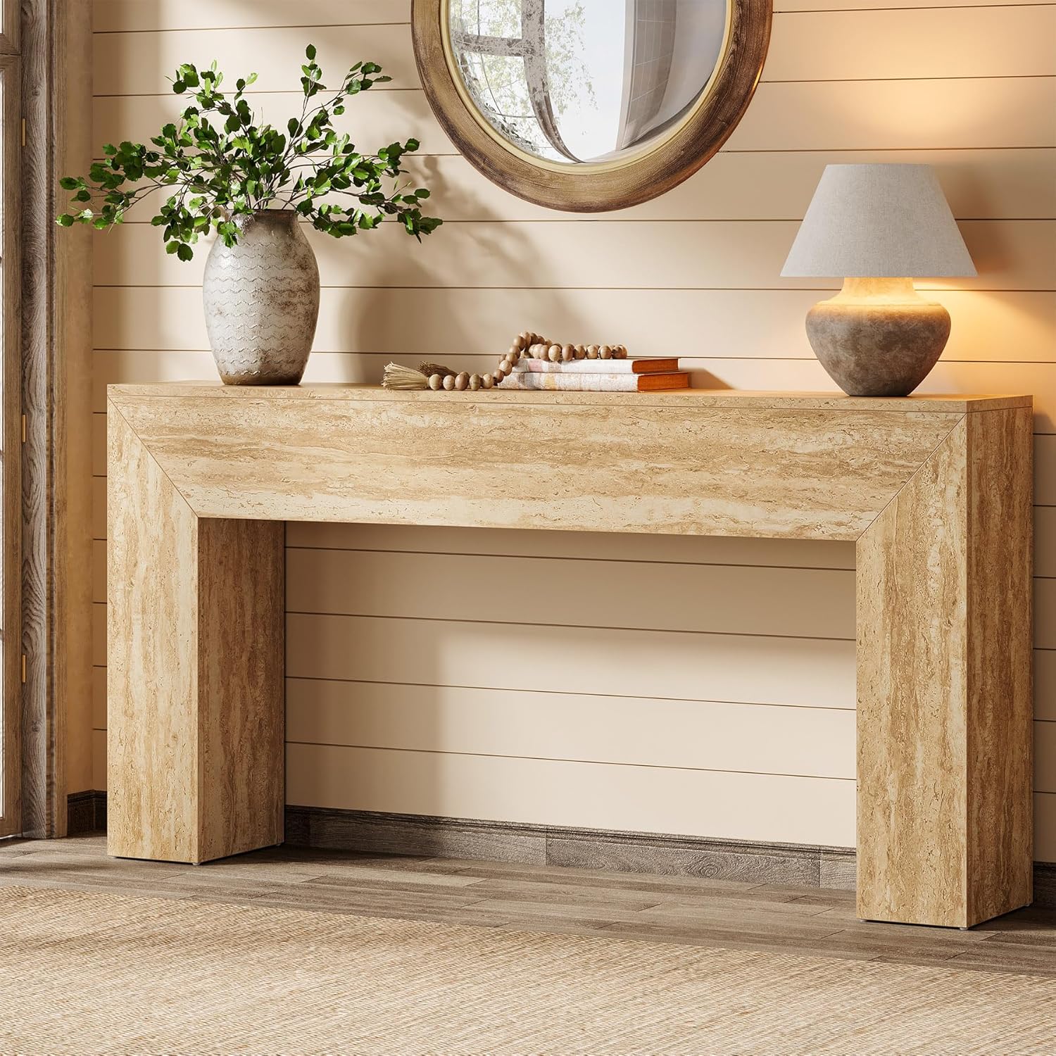 Tribesigns Mesa de centro de 160 cm con aspecto de travertino, Consola esbelta para recibidor y salón con estructura estable