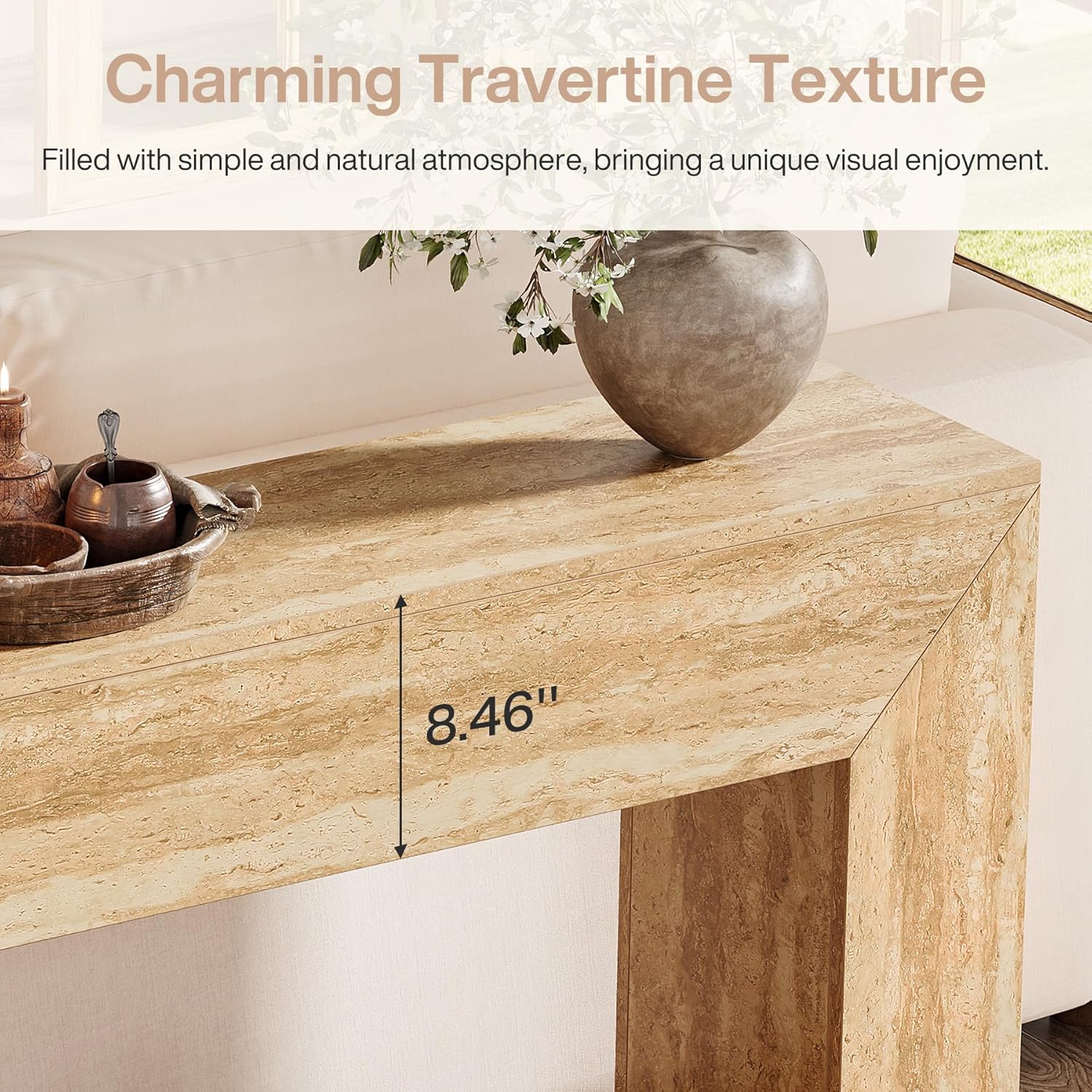 Tribesigns Mesa de centro de 160 cm con aspecto de travertino, Consola esbelta para recibidor y salón con estructura estable
