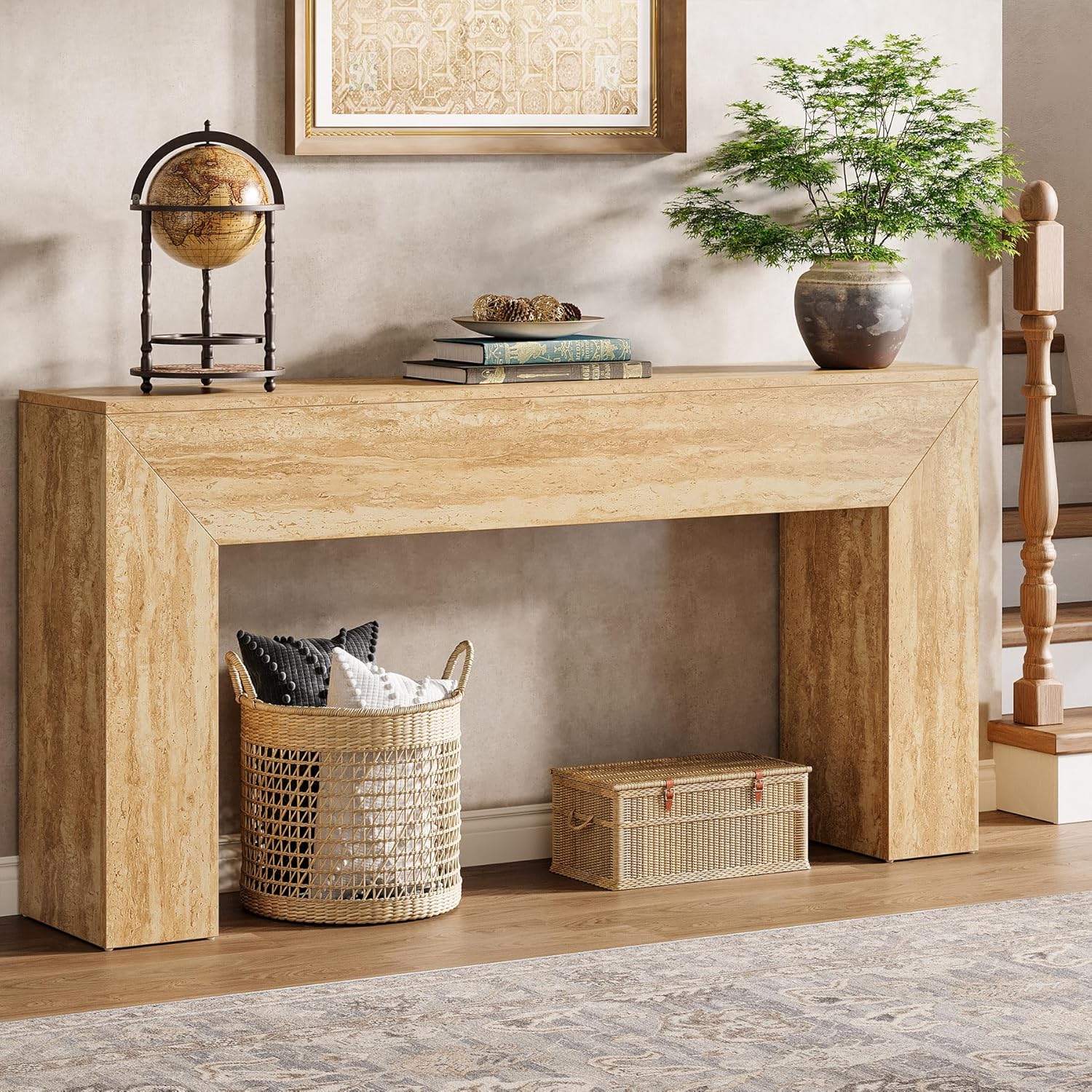 Tribesigns Mesa de centro de 160 cm con aspecto de travertino, Consola esbelta para recibidor y salón con estructura estable