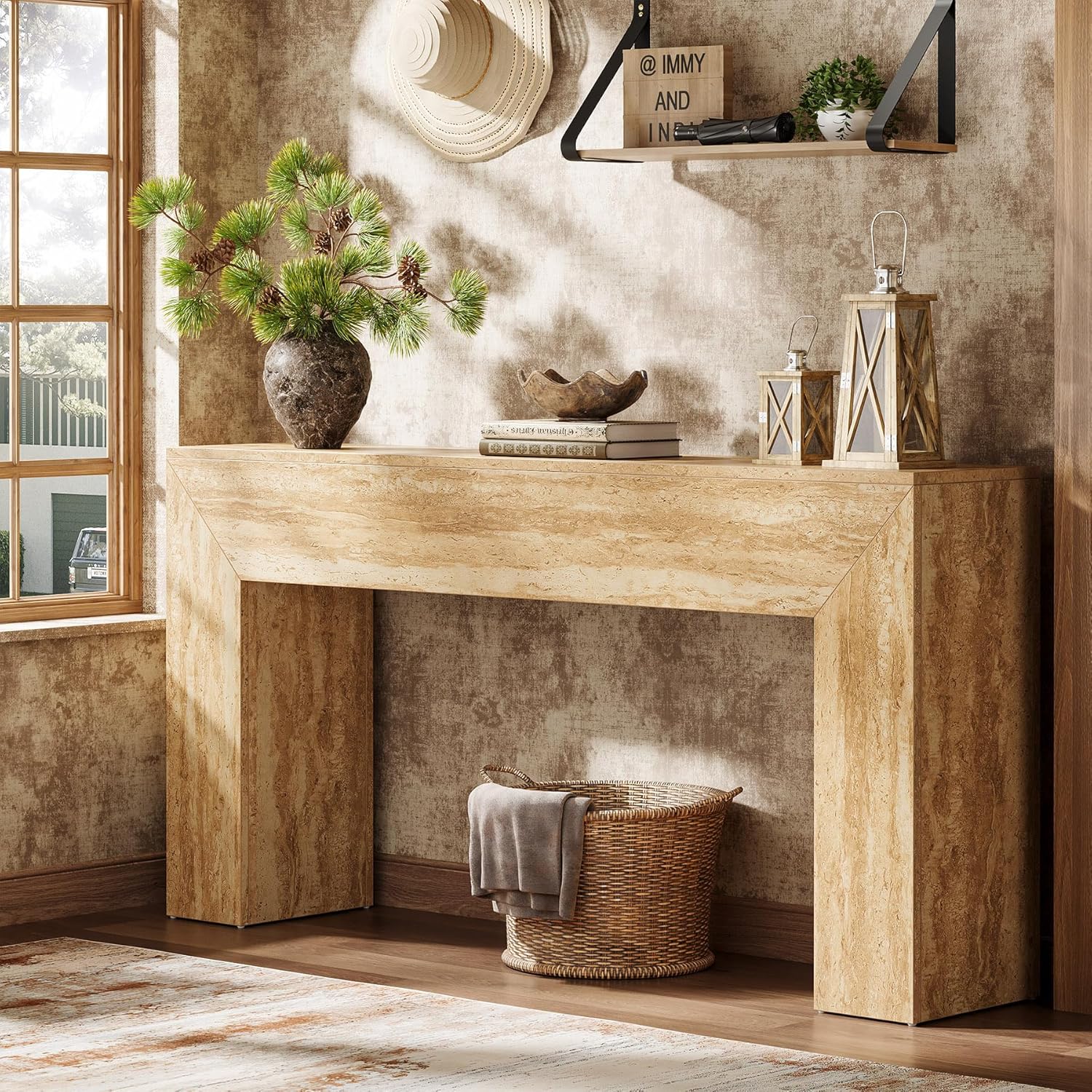 Tribesigns Mesa de centro de 160 cm con aspecto de travertino, Consola esbelta para recibidor y salón con estructura estable