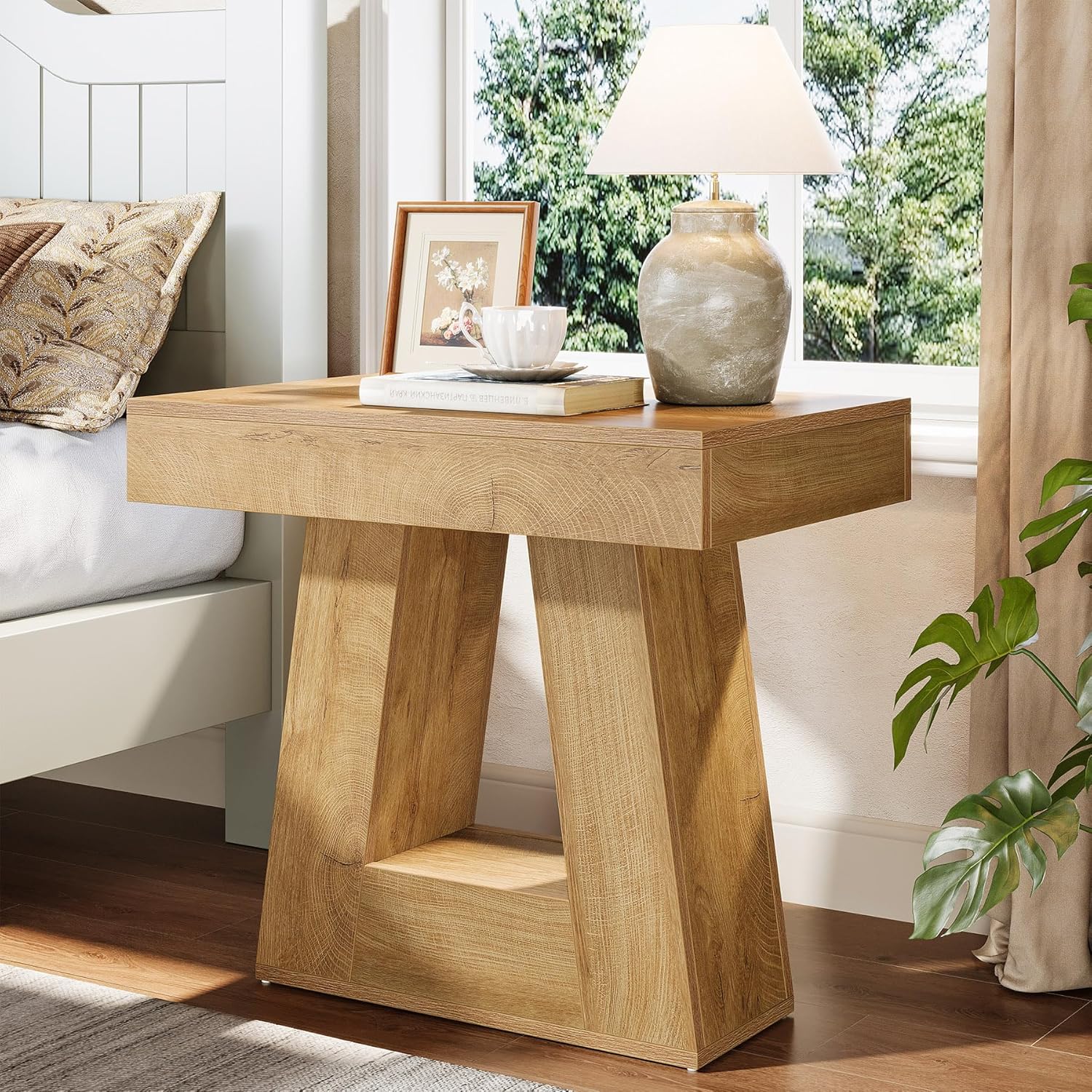 Tribesigns Mesita de noche moderna de 2 niveles, Mesita de noche de madera con base trapezoidal, mesa de noche pequeña
