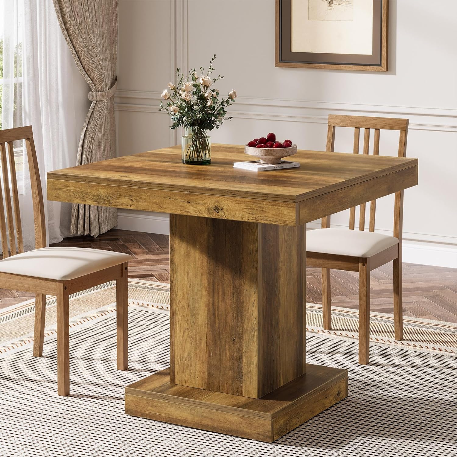 Tribesigns Mesa de comedor cuadrada para 4, Mesa de cocina de granja con base de pedestal resistente