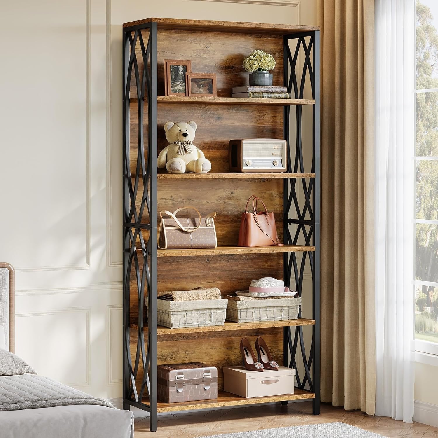 Tribesigns Librería de 180 cm de alto, Estilo industrial con 6 estantes y estructura metálica geométrica