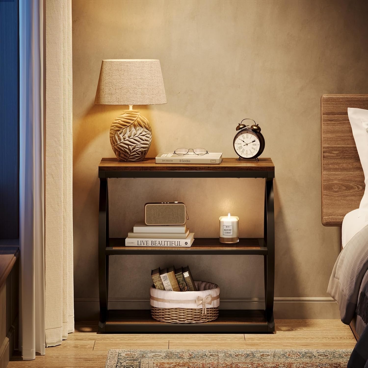 Tribesigns Mesa auxiliar estrecha de 3 niveles, Mesa auxiliar industrial de madera con estructura de metal