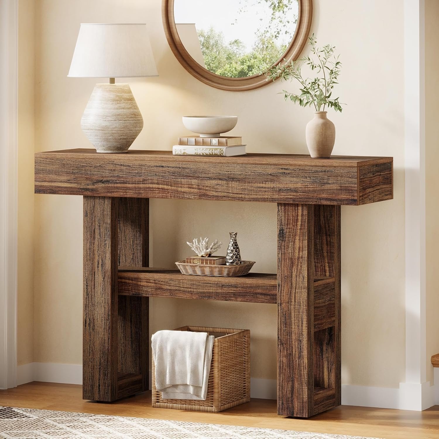 Tribesigns Mesa consola Farmhouse de 105 cm, Mesa de sofá estrecha de 2 niveles detrás del sofá