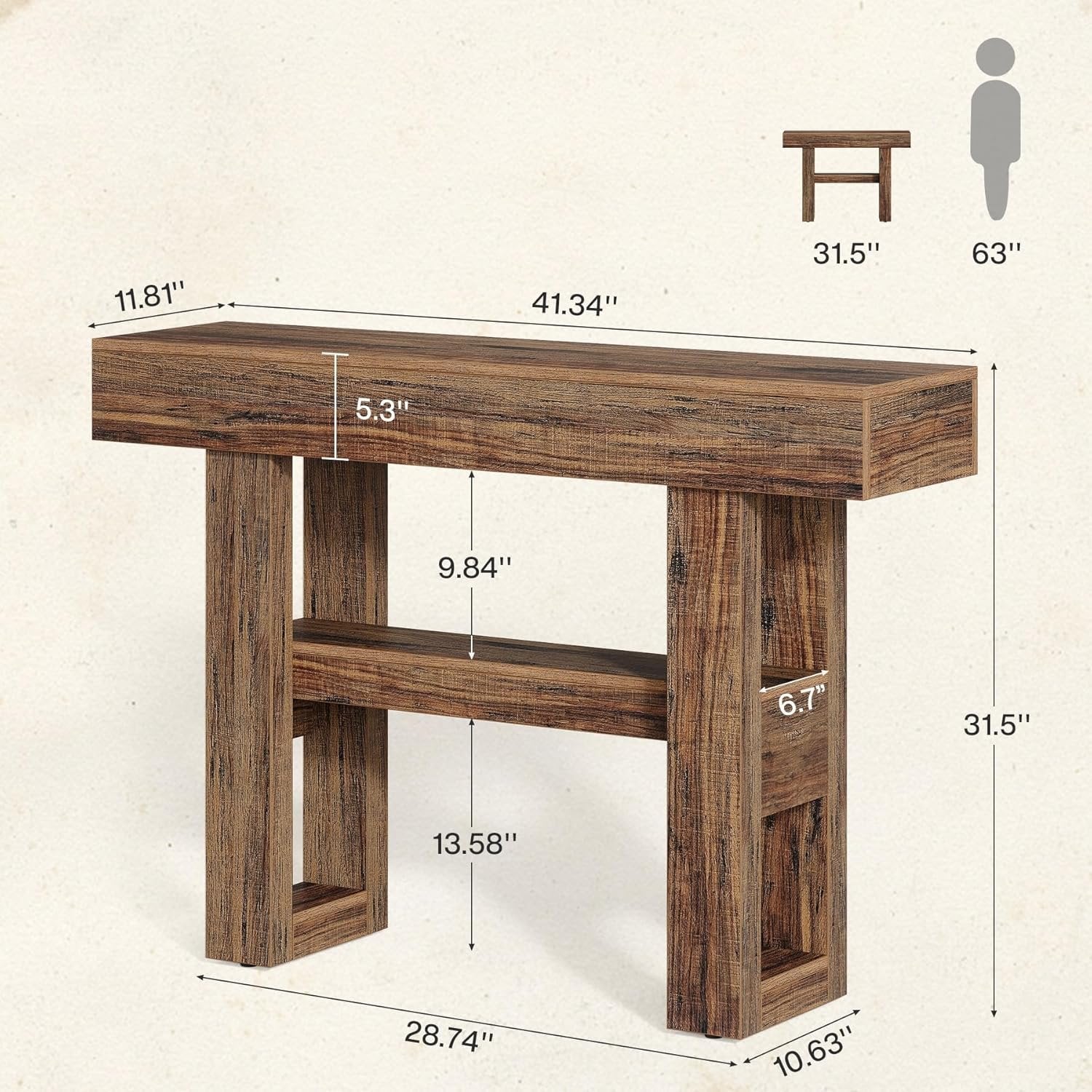 Tribesigns Mesa consola Farmhouse de 105 cm, Mesa de sofá estrecha de 2 niveles detrás del sofá