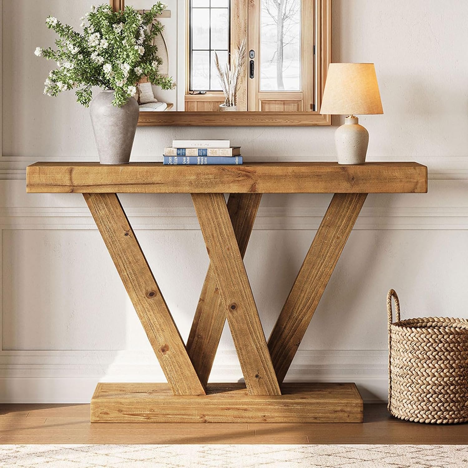 Tribesigns Mesa consola de madera maciza entrada de granja sofá con base doble en forma de V para salón o pasillo