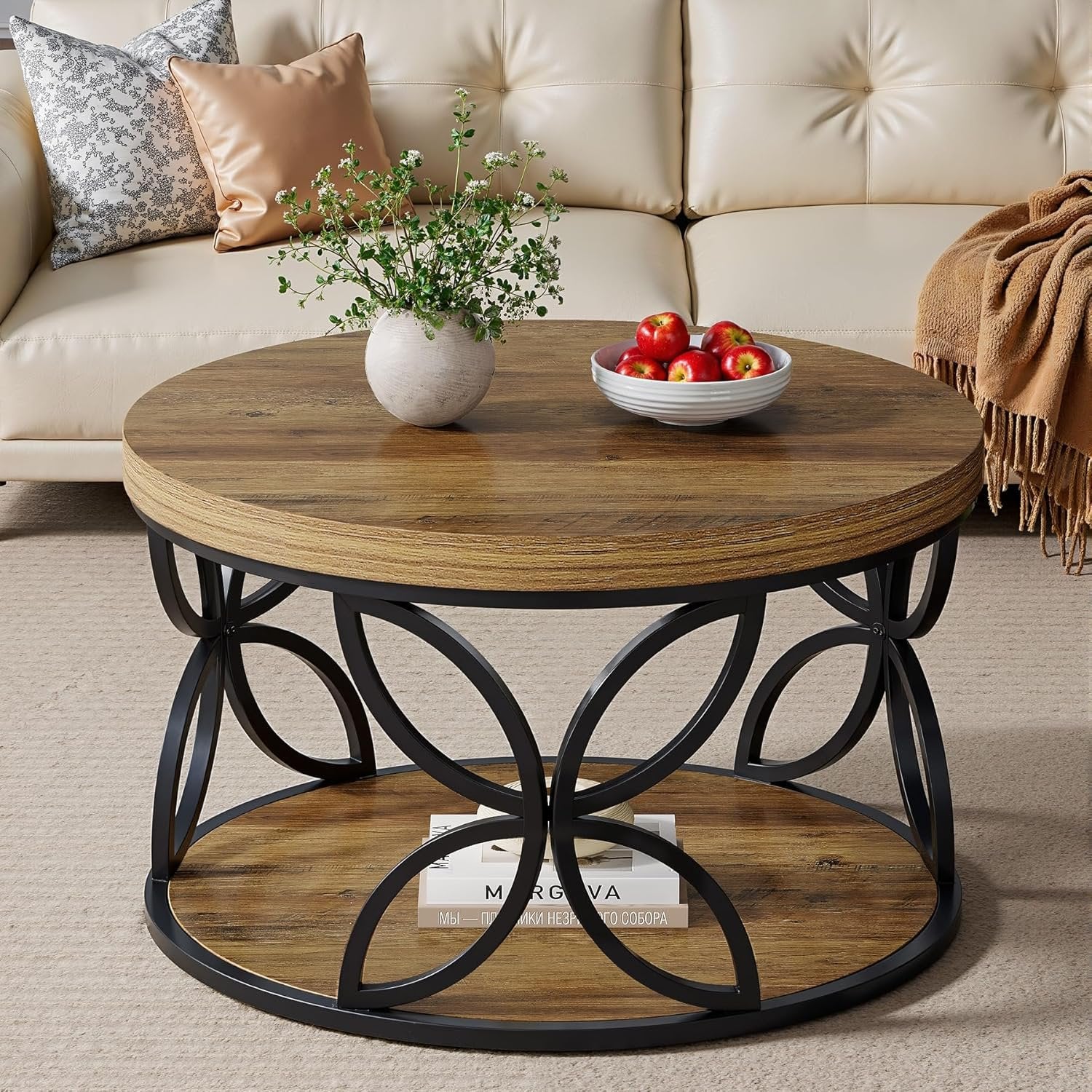 Tribesigns Mesa de centro redonda de 80 cm con espacio de almacenamiento, Mesa de salón de 2 niveles