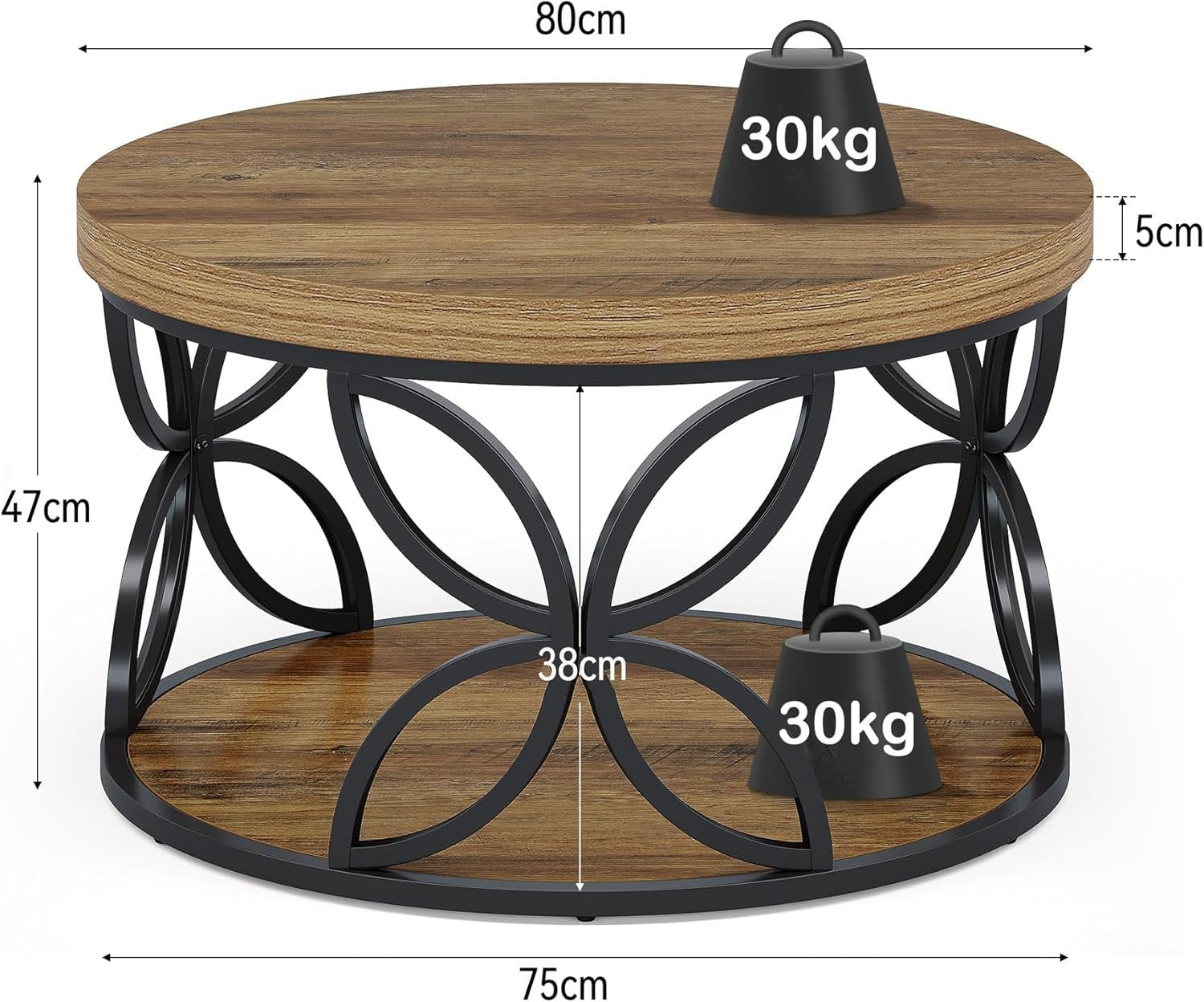 Tribesigns Mesa de centro redonda de 80 cm con espacio de almacenamiento, Mesa de salón de 2 niveles