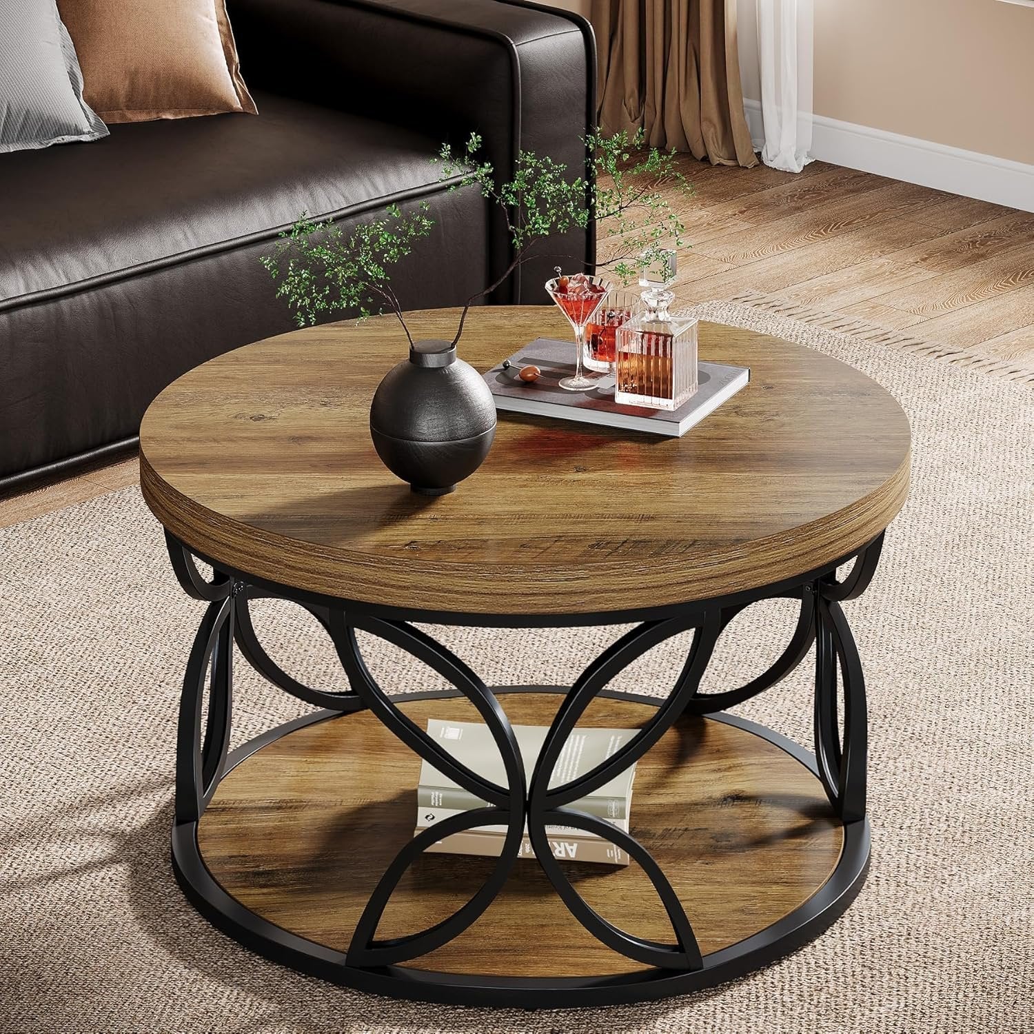 Tribesigns Mesa de centro redonda de 80 cm con espacio de almacenamiento, Mesa de salón de 2 niveles