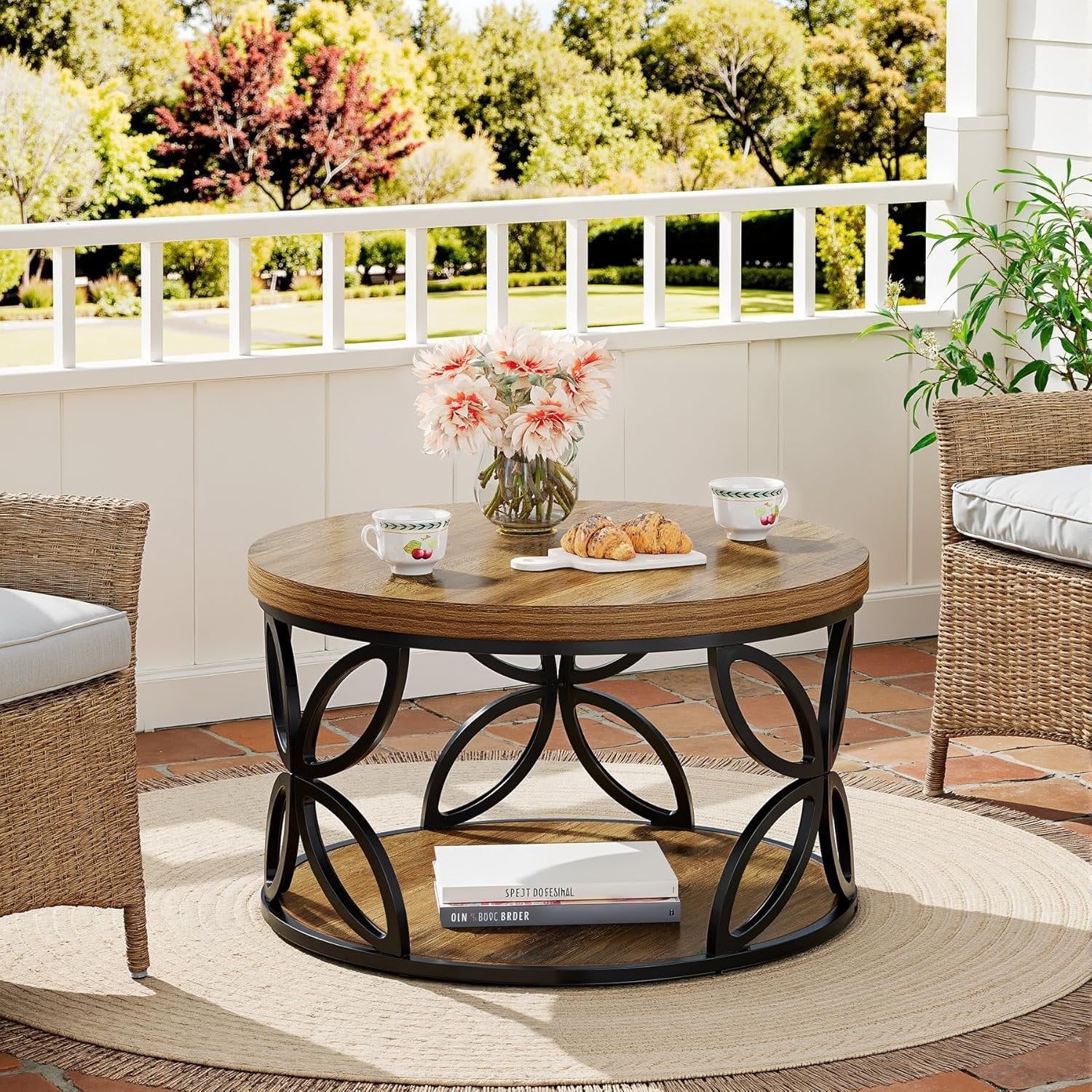 Tribesigns Mesa de centro redonda de 80 cm con espacio de almacenamiento, Mesa de salón de 2 niveles