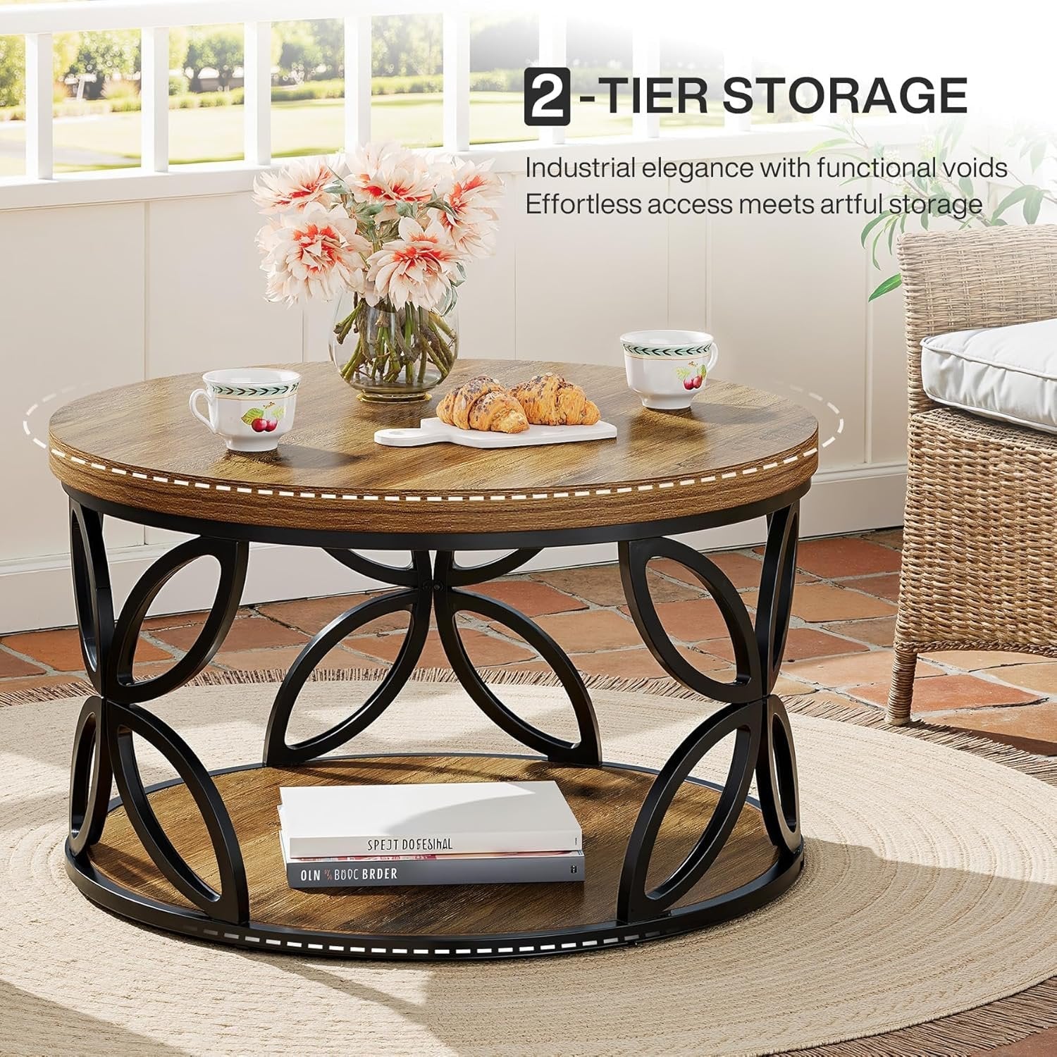 Tribesigns Mesa de centro redonda de 80 cm con espacio de almacenamiento, Mesa de salón de 2 niveles