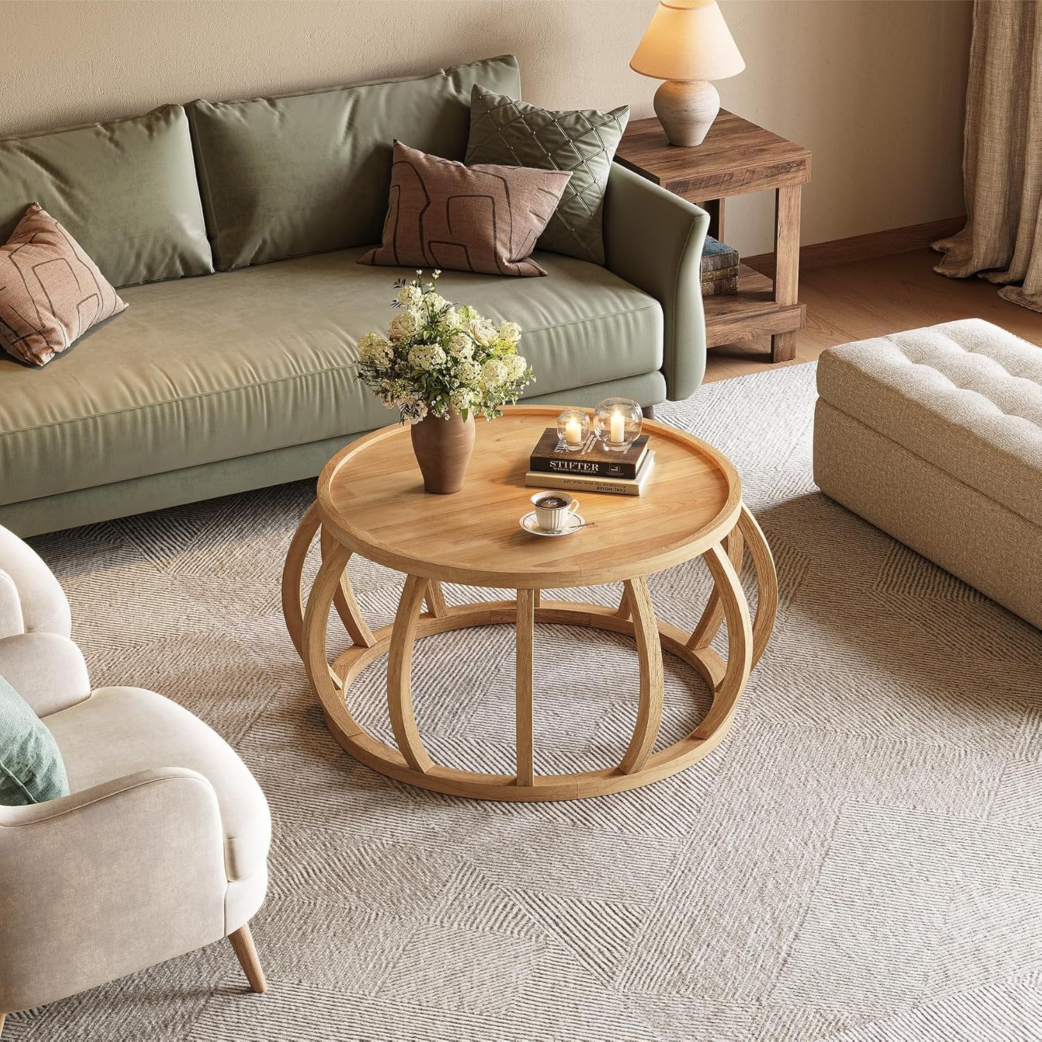 TRIBEWOOD Mesa de Centro Redonda, Mesa de Centro de Madera Maciza de 80 cm Mesa de Salón o Comedor