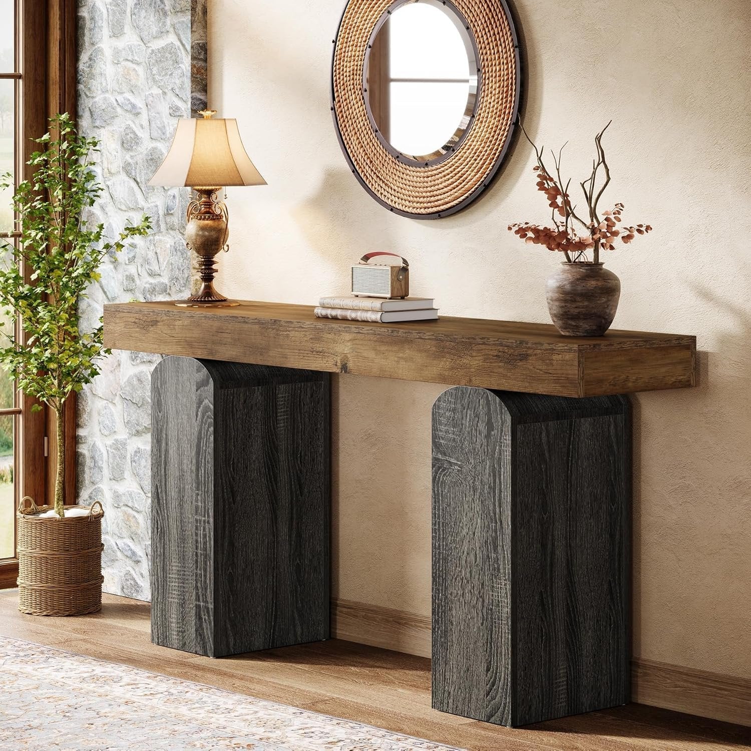 Tribesigns Mesa de recibidor de 160 cm de largo, Estilo rústico con dos patas curvas