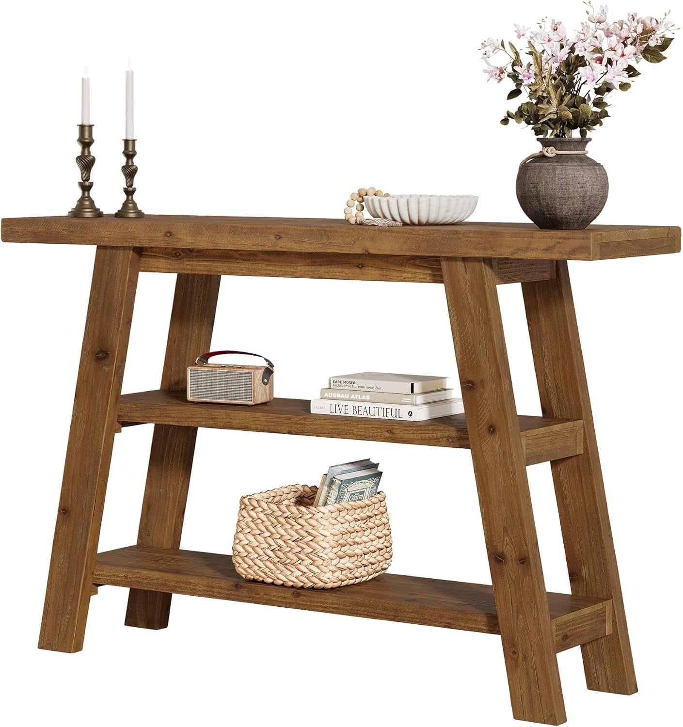 Tribesigns Consola de madera maciza de 120 cm de largo y 3 estantes