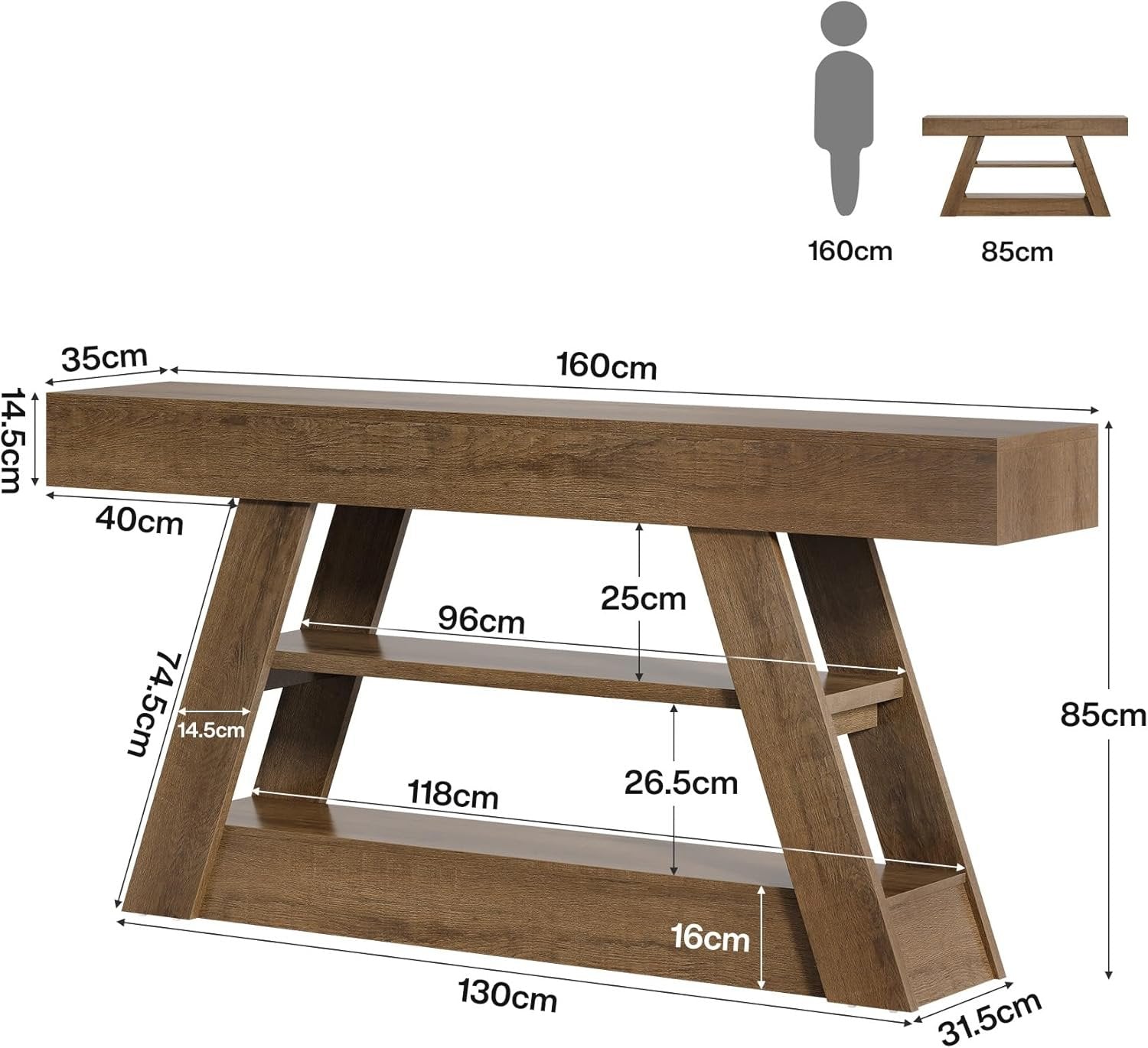 Tribesigns Farmhouse Mesa consola de 160 cm, Mesa de sofá rústica con 3 niveles de almacenamiento
