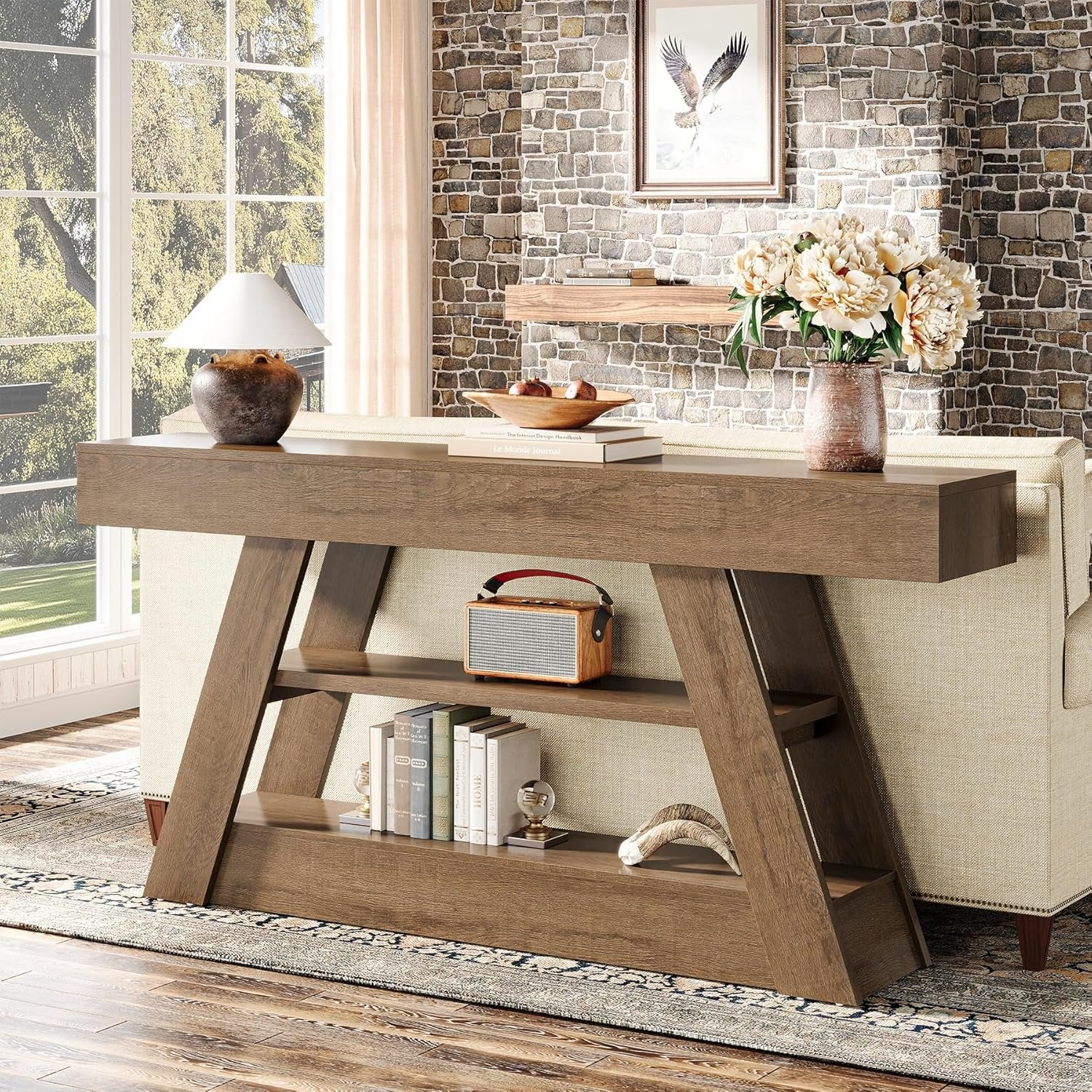 Tribesigns Farmhouse Mesa consola de 160 cm, Mesa de sofá rústica con 3 niveles de almacenamiento
