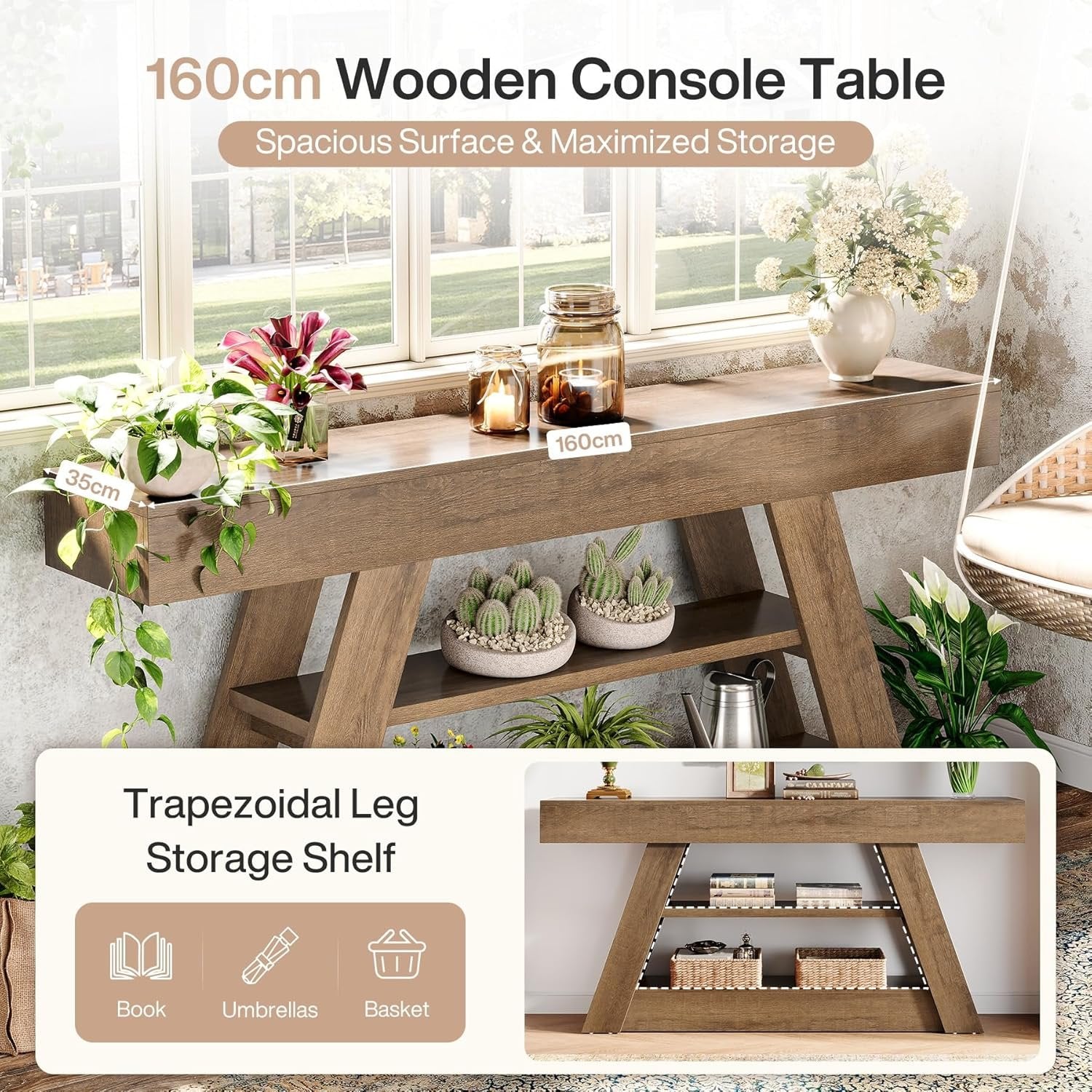 Tribesigns Farmhouse Mesa consola de 160 cm, Mesa de sofá rústica con 3 niveles de almacenamiento