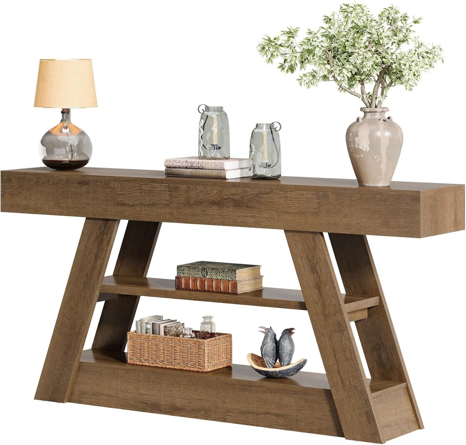 Tribesigns Farmhouse Mesa consola de 160 cm, Mesa de sofá rústica con 3 niveles de almacenamiento
