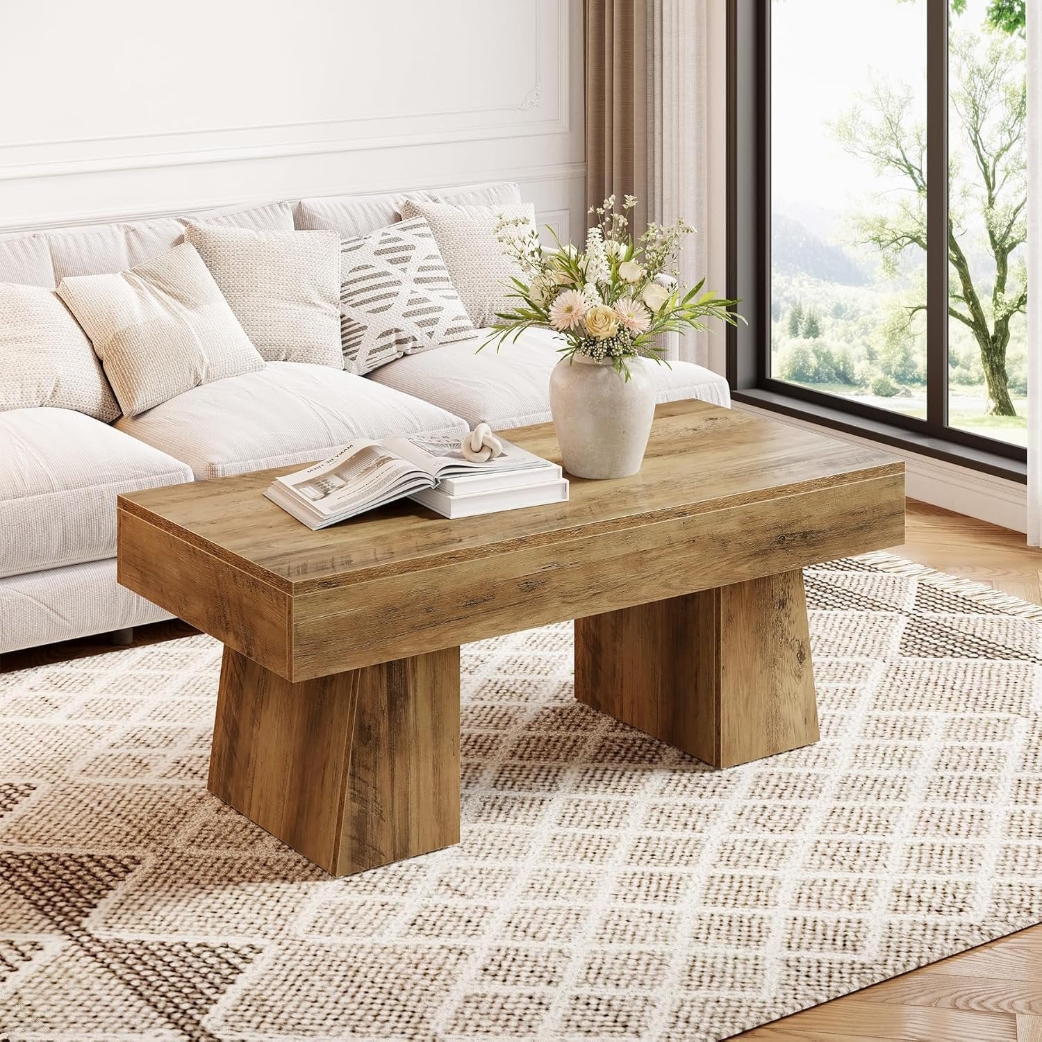 Tribesigns Mesa de centro Hofhaus de 120 cm, Mesa de estilo rústico con estructura robusta